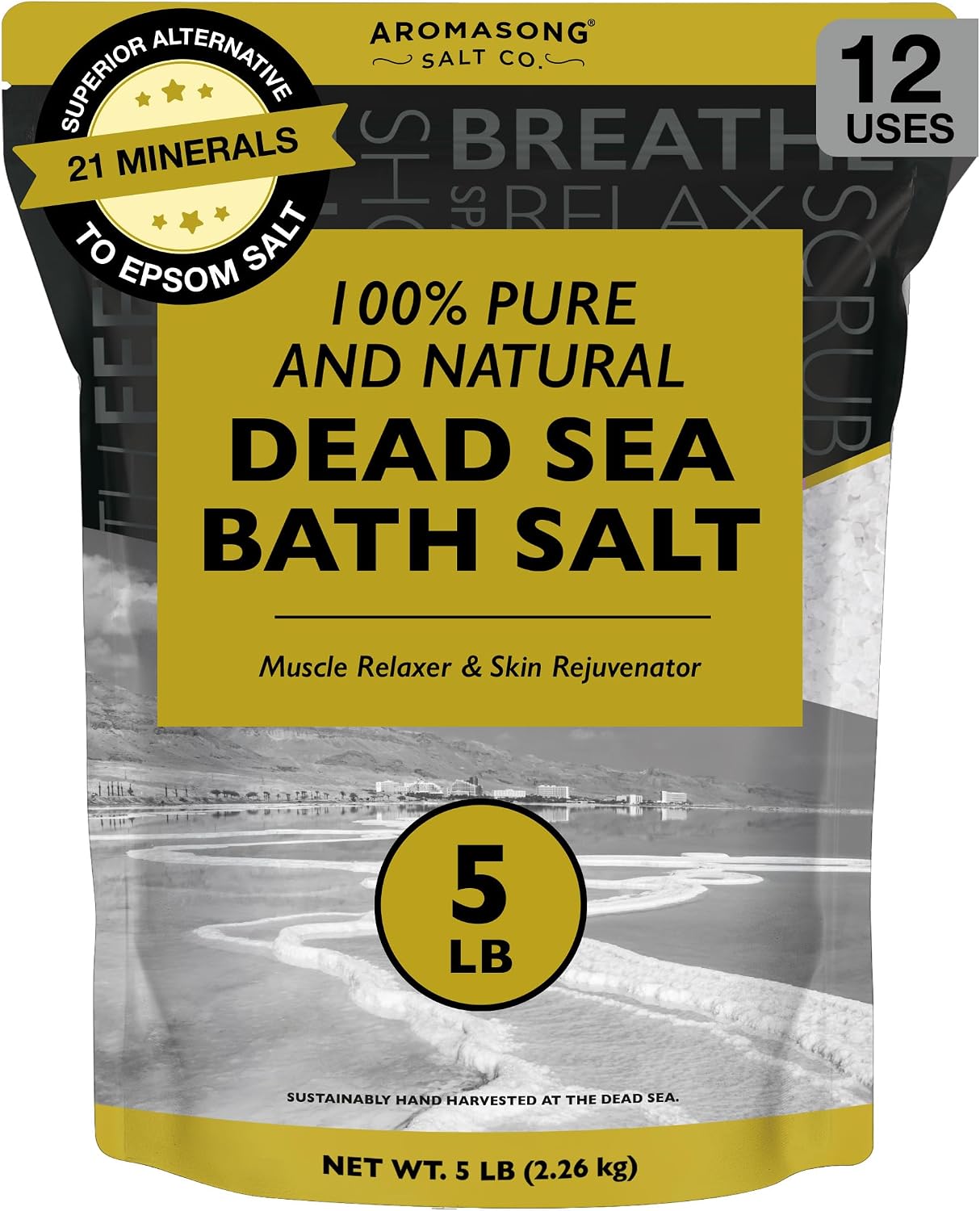 Aromasong Dead Sea Bath Salt - 100% Pure & Natural Dead Sea Salts for Soaking Fine Grain 5 LB - Bulk Resealable Pack - Used for Body wash Scrub - Soak for Women & Men.