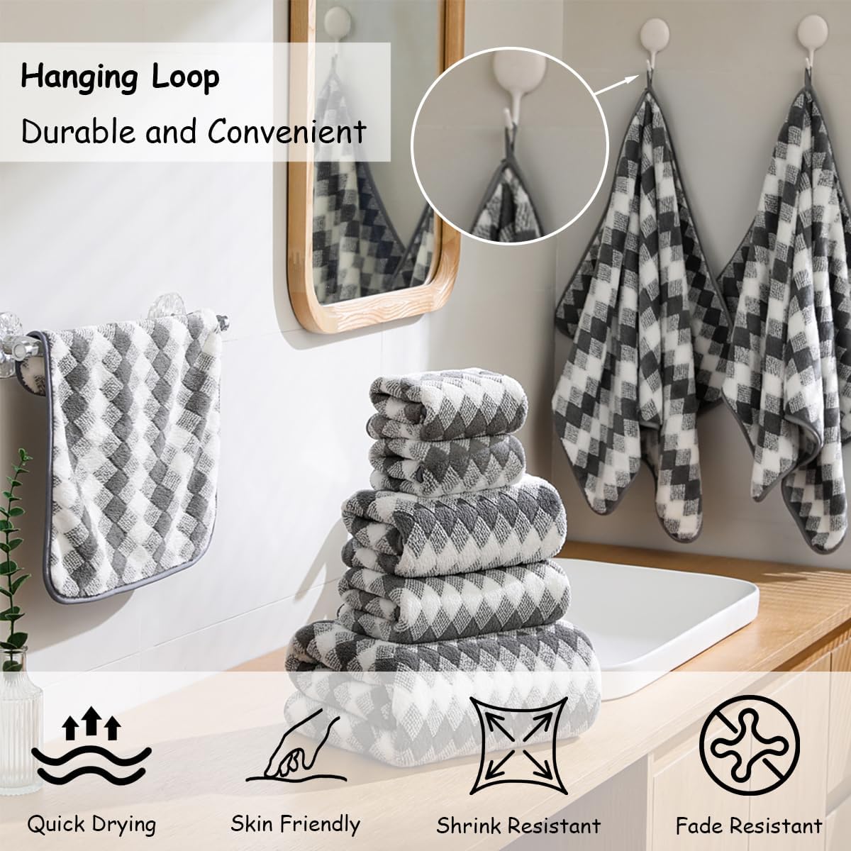 12 Pcs Gray White Diamond Towel Set-4 Bath Towels,4 Hand Towels,4 Washcloths Soft Polyester Towels with Loop Absorbent Shower Towel Quick Dry Beach Chair Towel Family Towels for Bathroom Spa Gym Pool