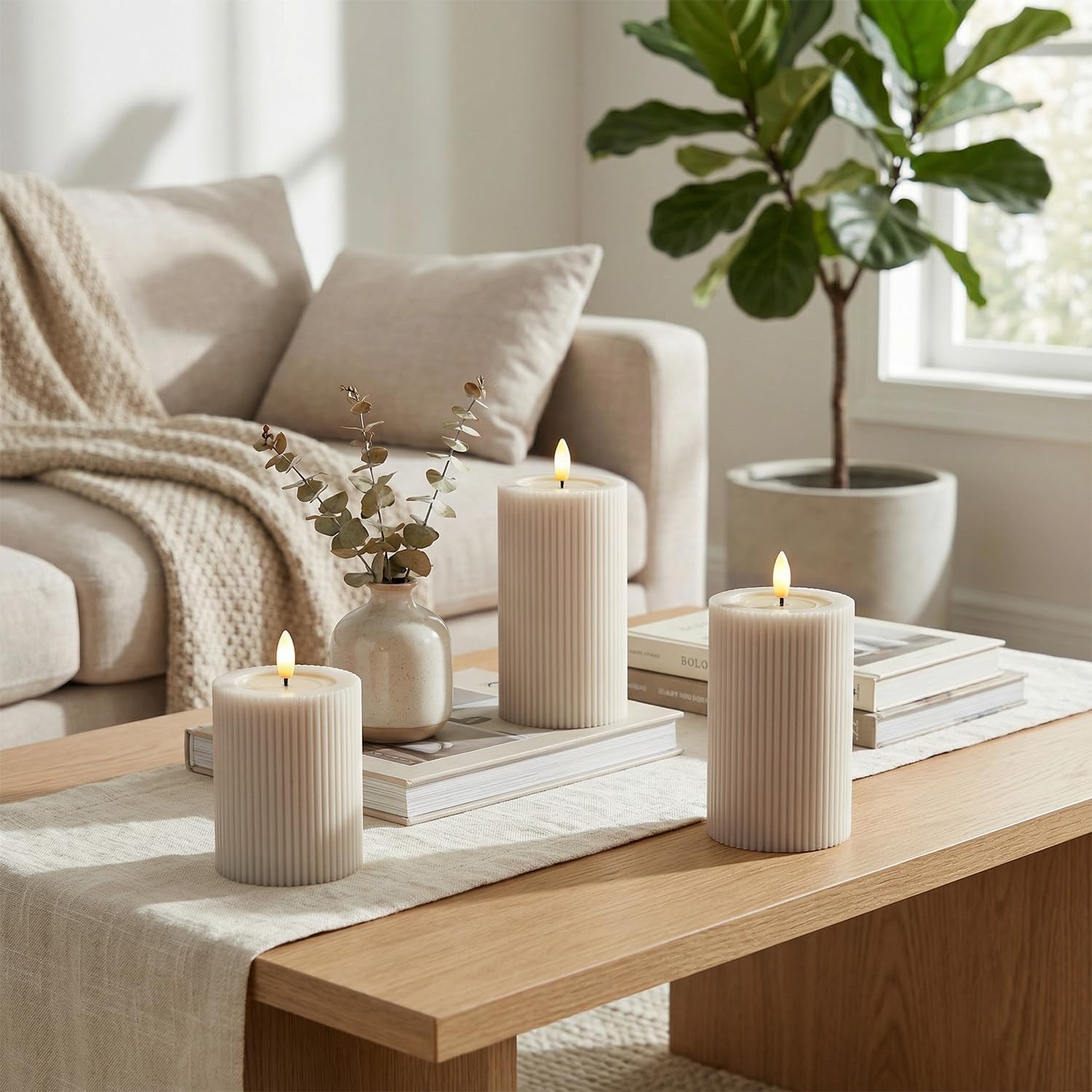 Fluted Ribbed LED Pillar Candles, Cream Beige, with Realistic Reflective Melted-Wax Effect – Flickering Flame, Remote, Dimmable, Flameless, Battery Operated, Home & Wedding Decor (Set of 3)