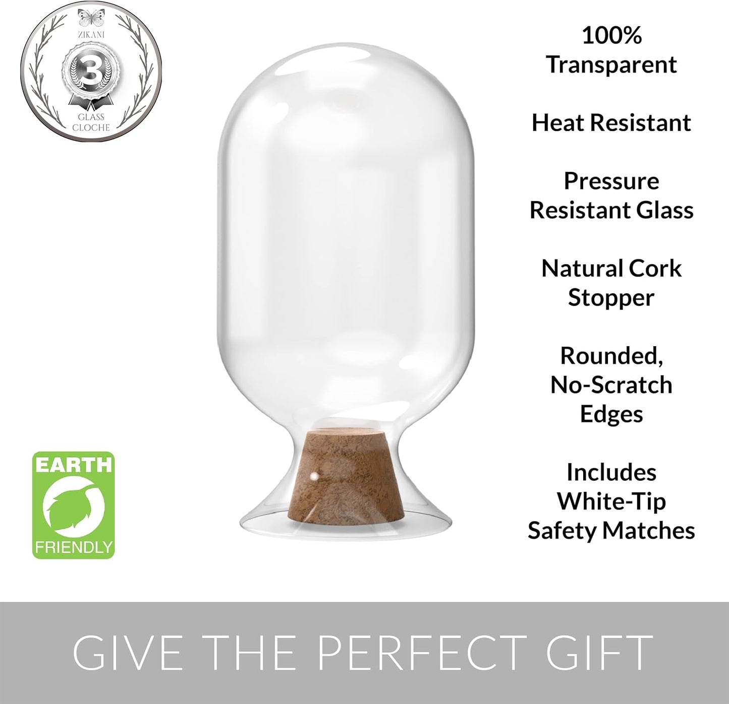 Glass Match Holder with Striker – Includes Fancy Matches in Cloche Jar – Decorative Christmas Gift for Home or Fireplace – White Medium