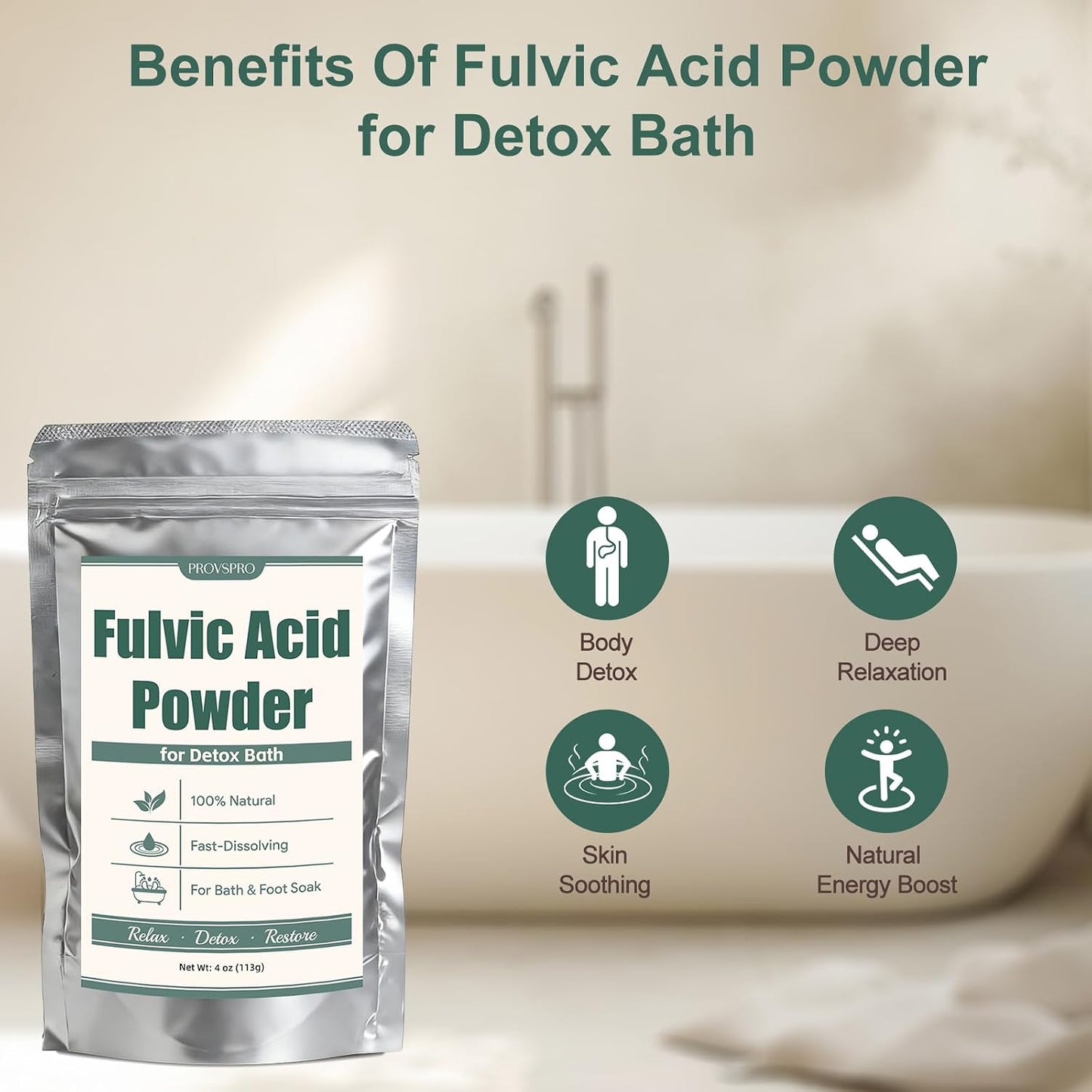 Fulvic Acid Detox Bath Powder, Natural Mineral Bath Soak for Foot & Body, Vegan Self-Care Spa Gift, No Additives, Gentle on Skin, Fast Dissolving, Includes 5g Scoop, Easy to Use, 4oz