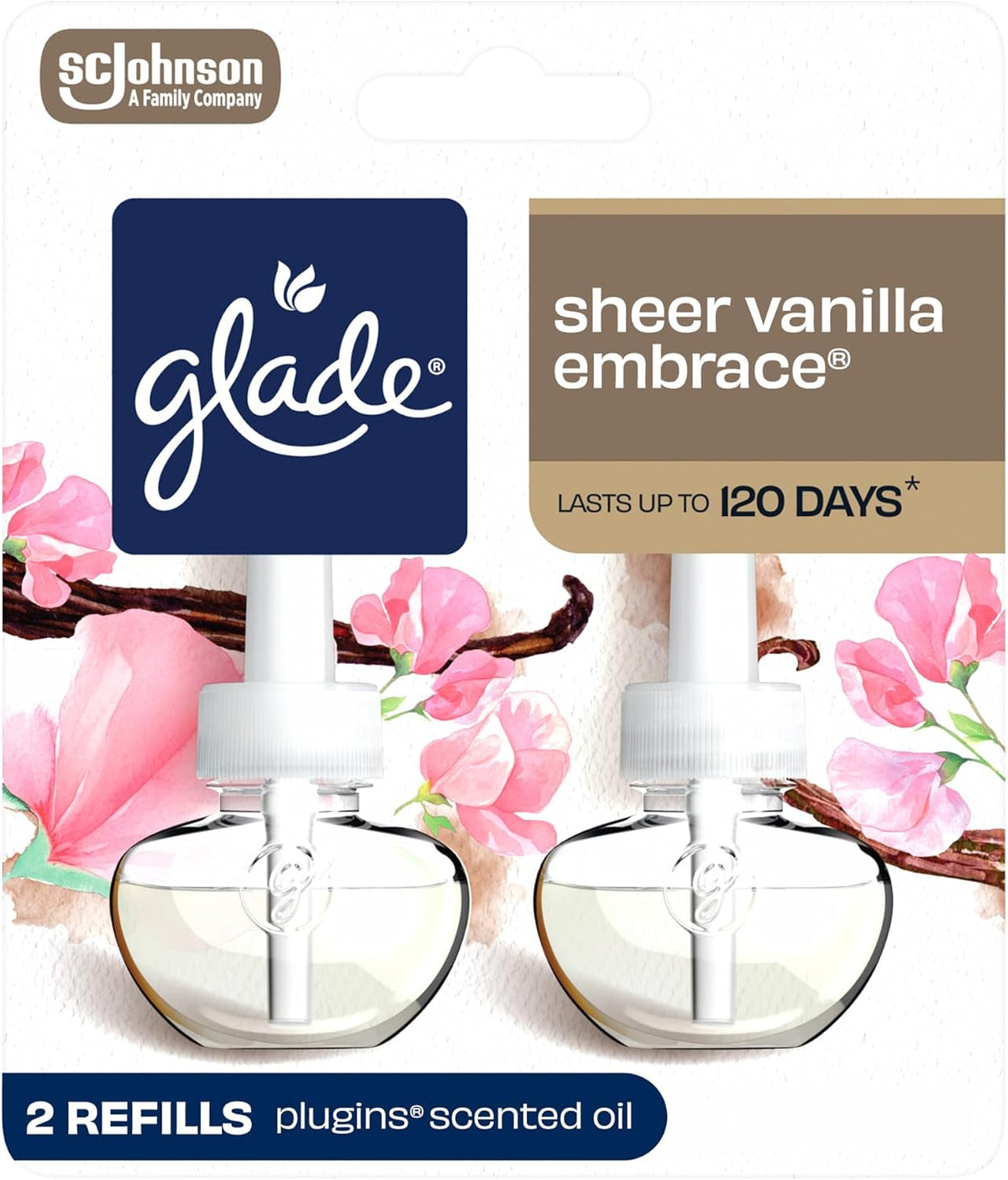 Glade PlugIns Refills Air Freshener, Scented Oil for Home and Bathroom, Sheer Vanilla Embrace, 1.34 Oz, 2 Count