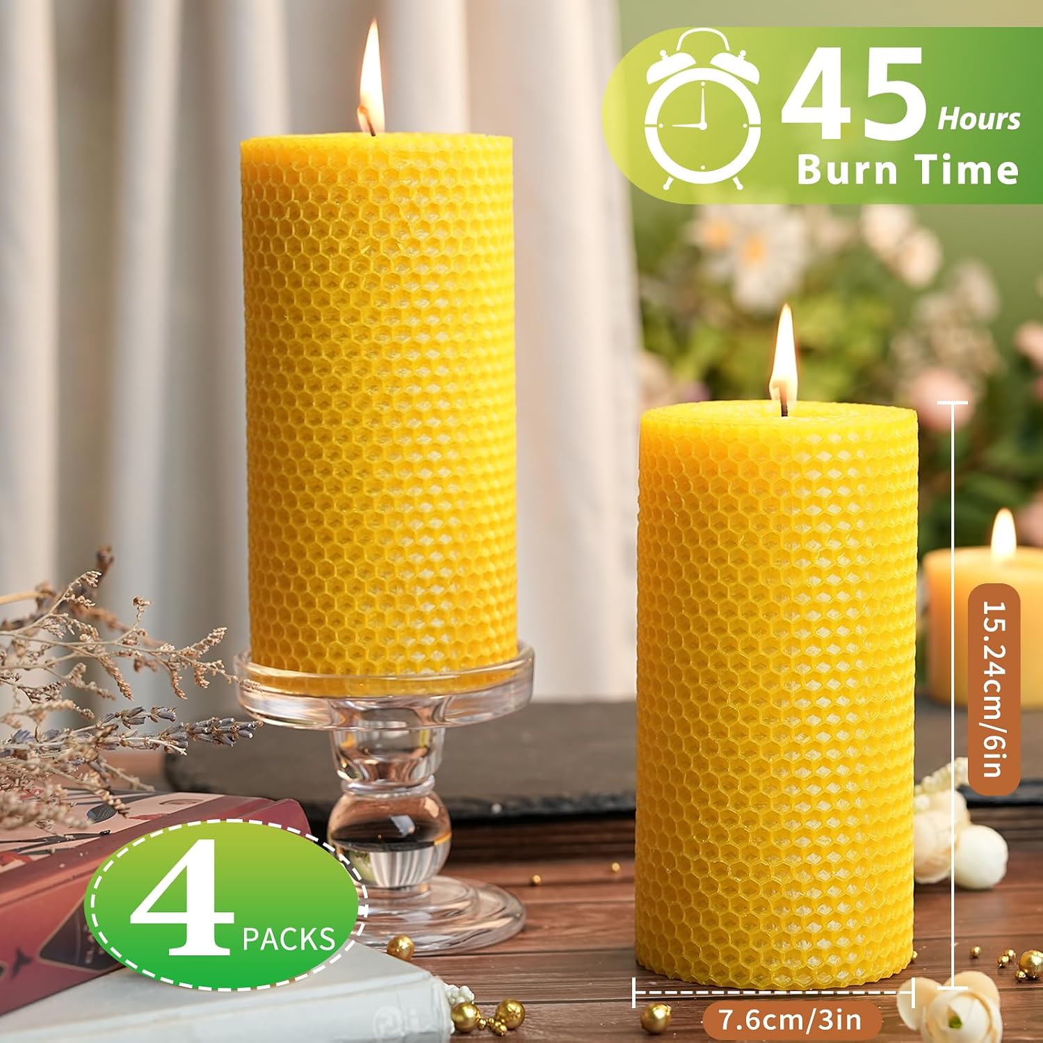 Beeswax Candles 3x6 Inch, 4 Pack Beeswax Pillar Candles for Home, 45 Hours Burn Time Natural Pure Bees Wax Candle for Air Purify, Gift Sending Meditation