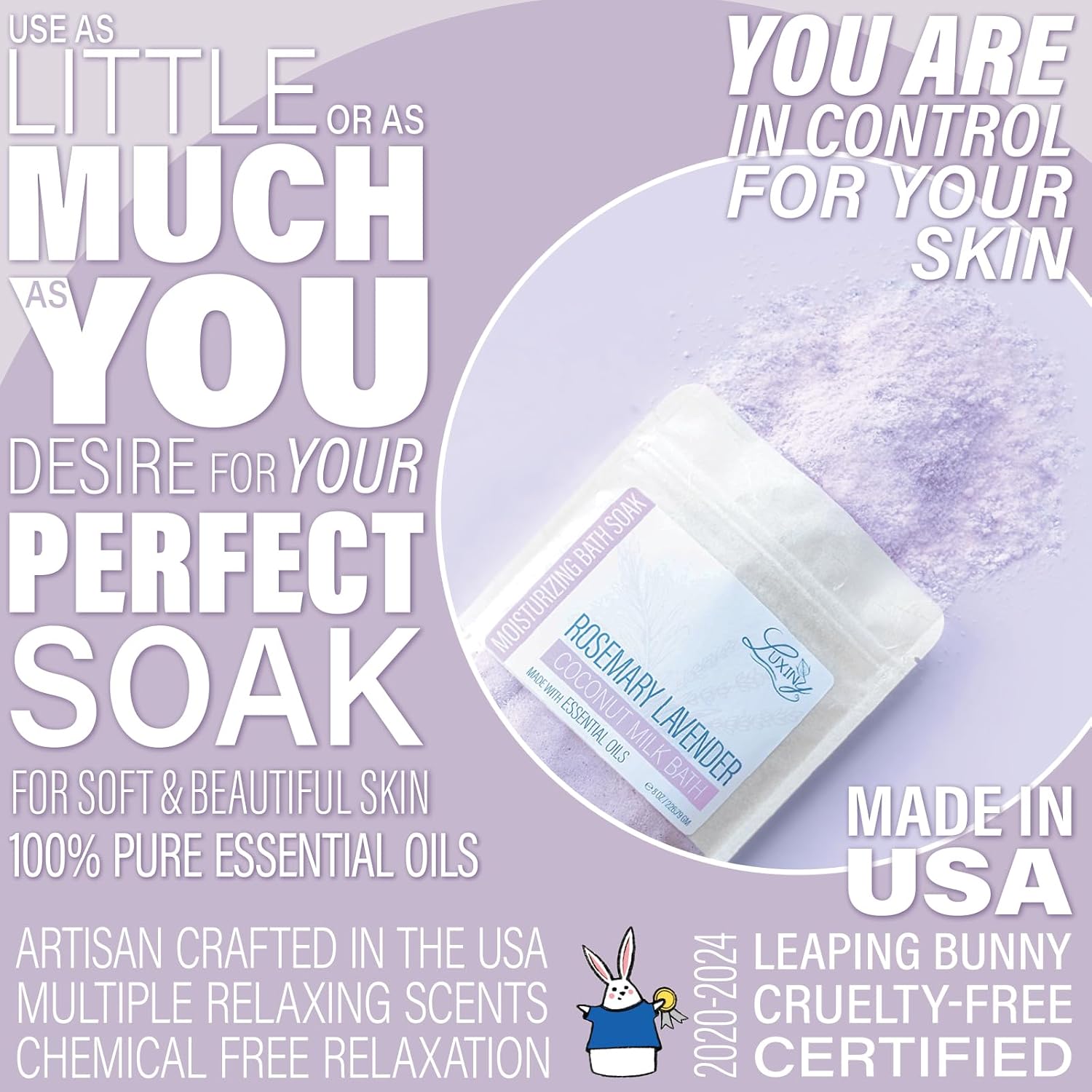 Luxiny Vegan Milk Bath Soak Made with Moisturizing Coconut Milk Powder, Essential Oil, & Sweet Almond Oil for a Bath Bomb Dust Soothing Fizz & Relaxing Soak, 8 oz. (Rosemary Lavender)