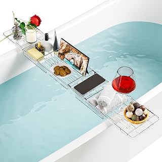 Yieach Iuxury Bathtub Trays For Tub,Expandable Bath Shelf Over Tub,Clear Bath Table,Bath Board,Bath Caddy Tray and Bath Tub Accessories for Women Relaxing With Bath Reading Book and Ipad Holder,1 Pack