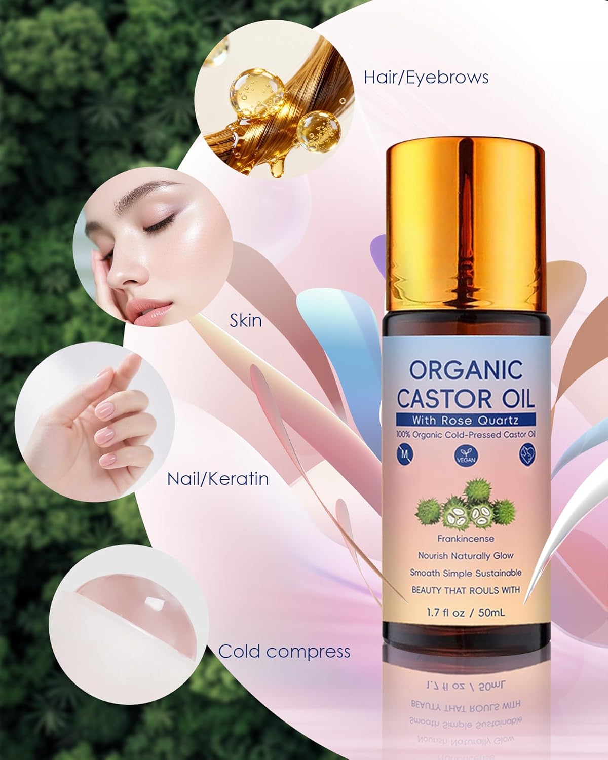 PAYDVOIER Organic Castor Oil with Rose Quartz Roller, 100% Pure Cold-Pressed, Organic Castor Oil Roll On Rose Quartz, Hexane-Free,Amber Glass Bottle for Skin 1.7 Oz.