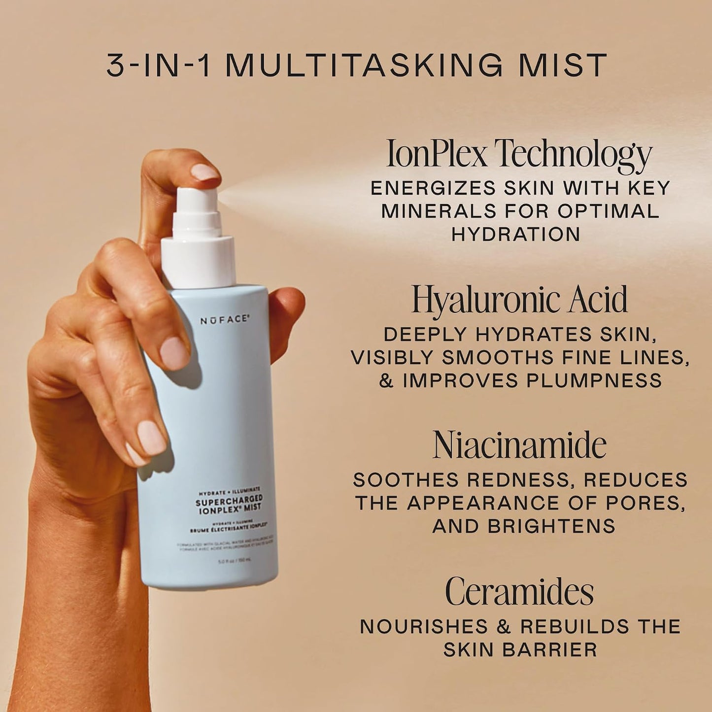 NuFACE Supercharged IonPlex Facial Mist - 3-in-1 Ultra-Fine Hydrating Face Mist & Pore Minimizer with Hyaluronic Acid + IonPlex Technology to Lock in Moisture and Enhance Microcurrent Treatment (5 oz)