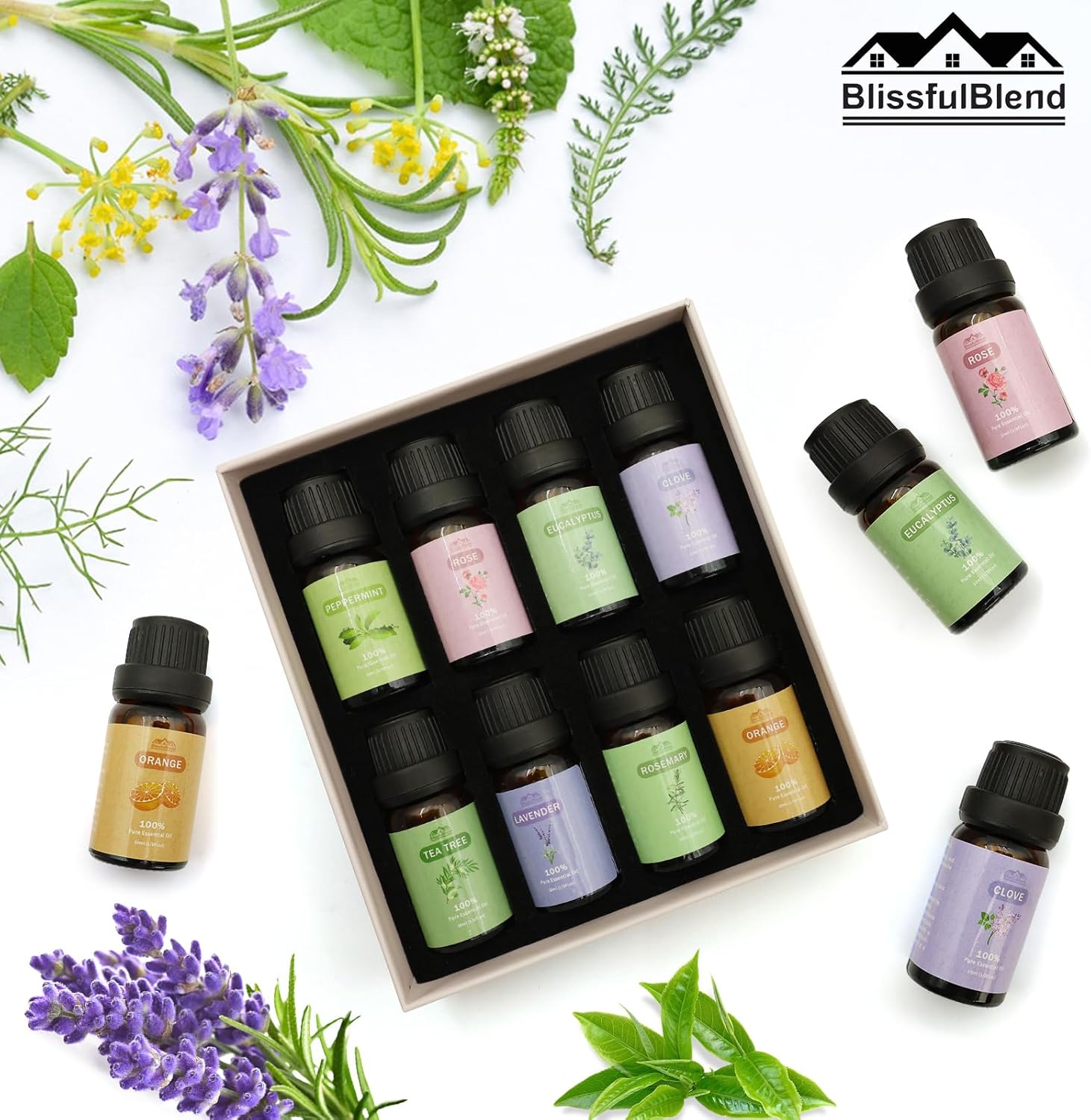 8 Pcs×10ml Pure Essential Oils for Diffuser for Home Care, Perfume, Candle and Soap Making - Peppermint, Lavender, Rose, Clove-Organic Essential Oils Set for Women and Mom Gift
