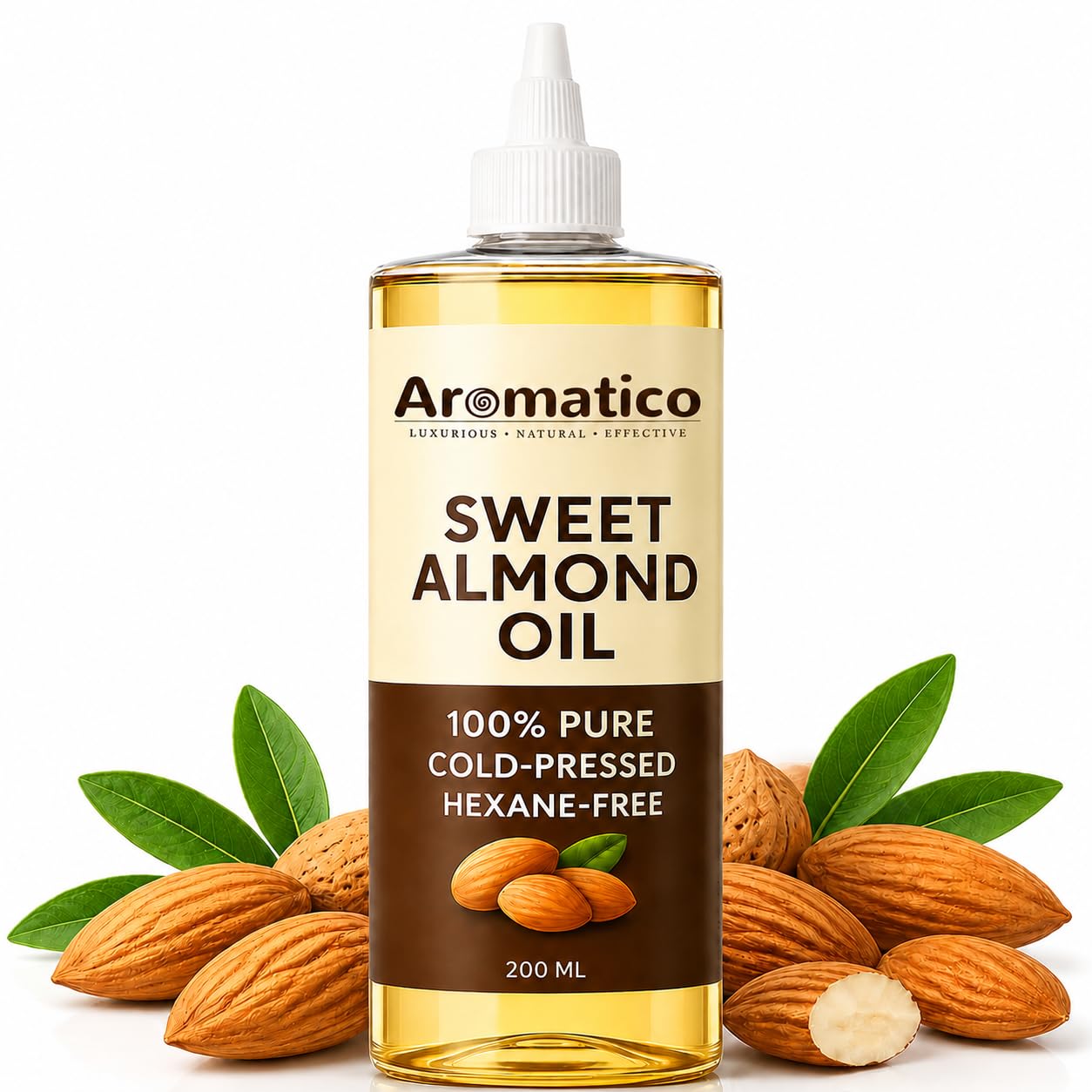 Aromatico Cold Pressed Sweet Almond Oil. Lightweight, Natural Moisturizing Oil for Hair, Skin & Body - 7 fl oz