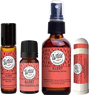 Wild Essentials Alert Essential Oil Blend 4-Piece Bundle –Energy, Focus & Mental Clarity with Roll-On, Spray, Nasal Inhaler & Pure Oil Diffuser Set– USA Made