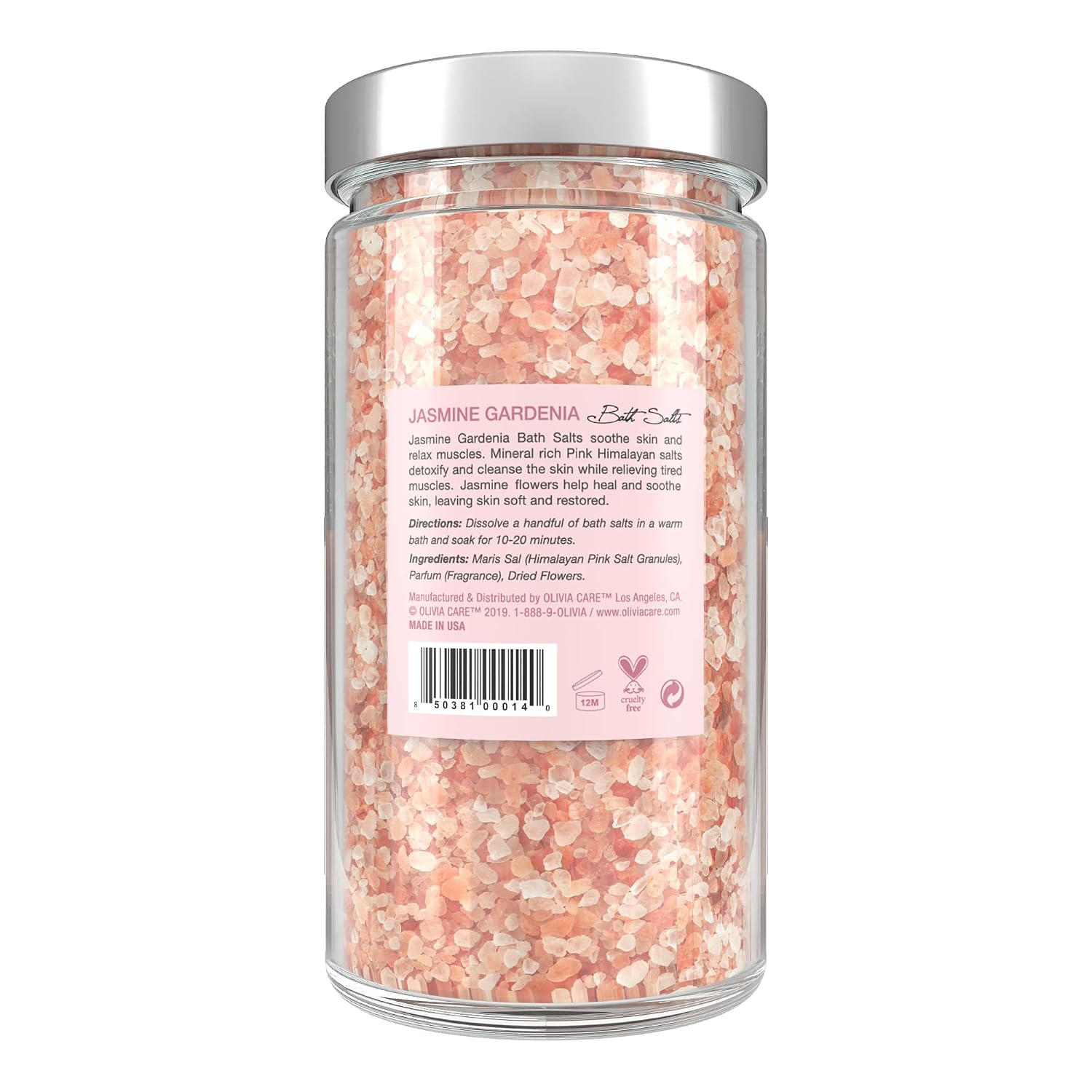 Olivia Care Pink Himalayan Bath Salts Exfoliate, Heal, Rejuvenate, Cleansing & Soothes Skin | Made with Natural Ingredients. Fresh Fragrance - 12 OZ (Jasmine Gardenia, 1 Pack)