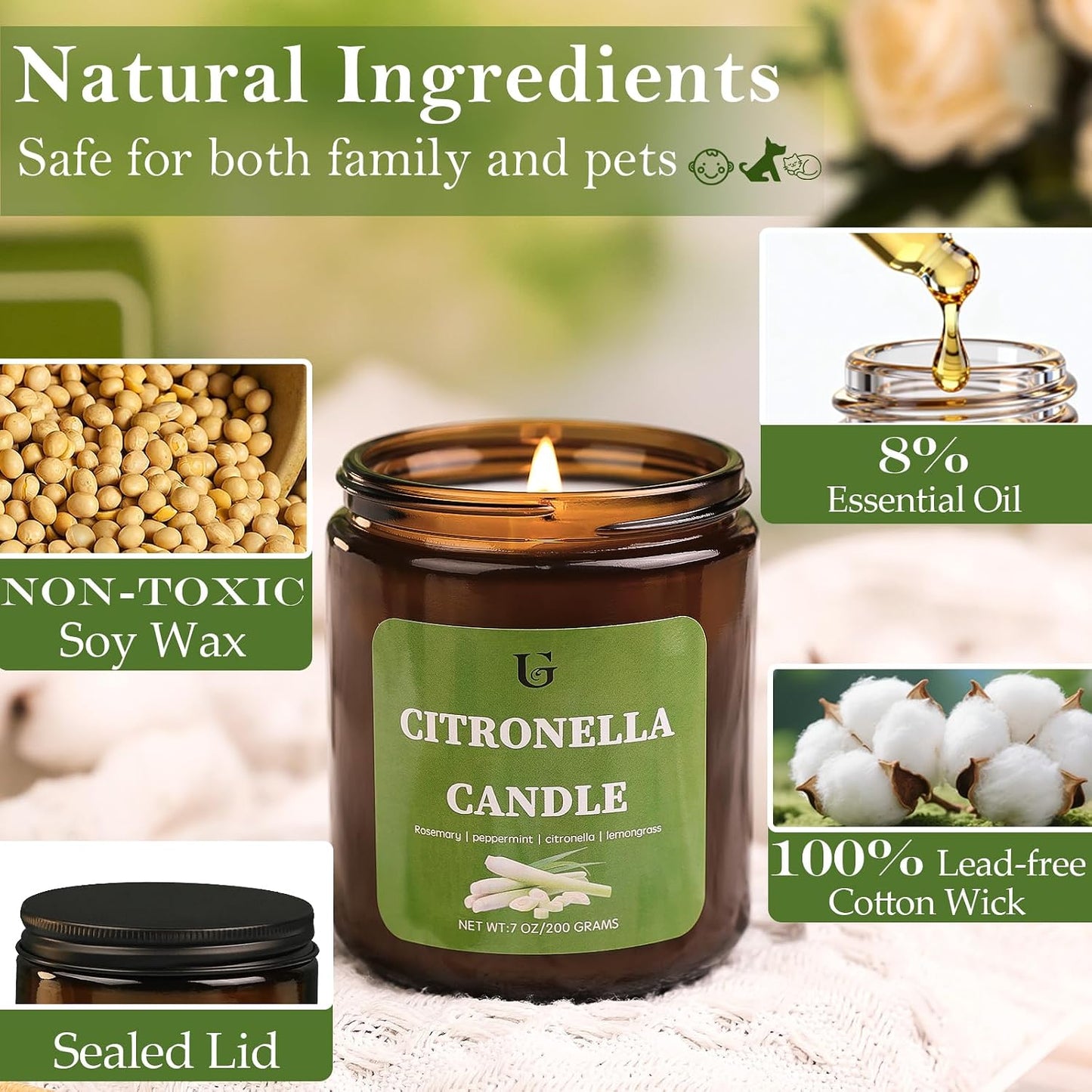 Citronella Candles Outdoor, Natural Soy Wax Citronella Scented Jar Candle for Summer, 7oz Large Lemongrass Candle, 50 Hours Burn Time, Indoor and Outdoor Candles for Patio, Garden & Camping(1 Pack)