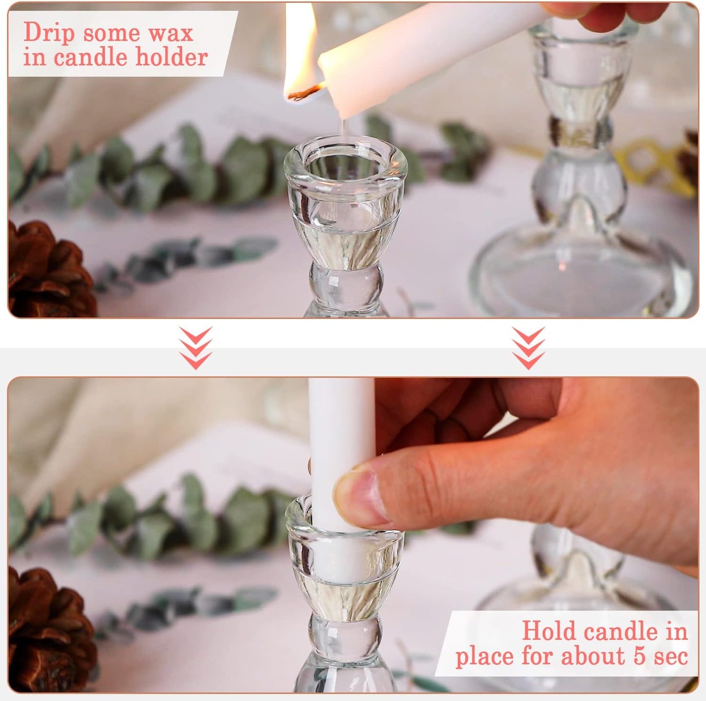 Lanttu 24 Pcs Candlestick Holders Bulk, 2.56 x 3.55in Clear Taper Candle Holders, Glass Candle Holders Set for Wedding Table, Party, Windowsill Decor