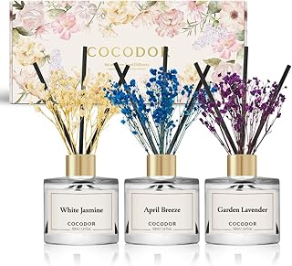 COCODOR Real Flower Reed Diffuser Set of 3/White Jasmine,Garden Lavender,April Breeze/1.6oz Each Pack/Home Fragrance Diffuser, Oil Scent Diffuser for Bathroom Shelf Decor