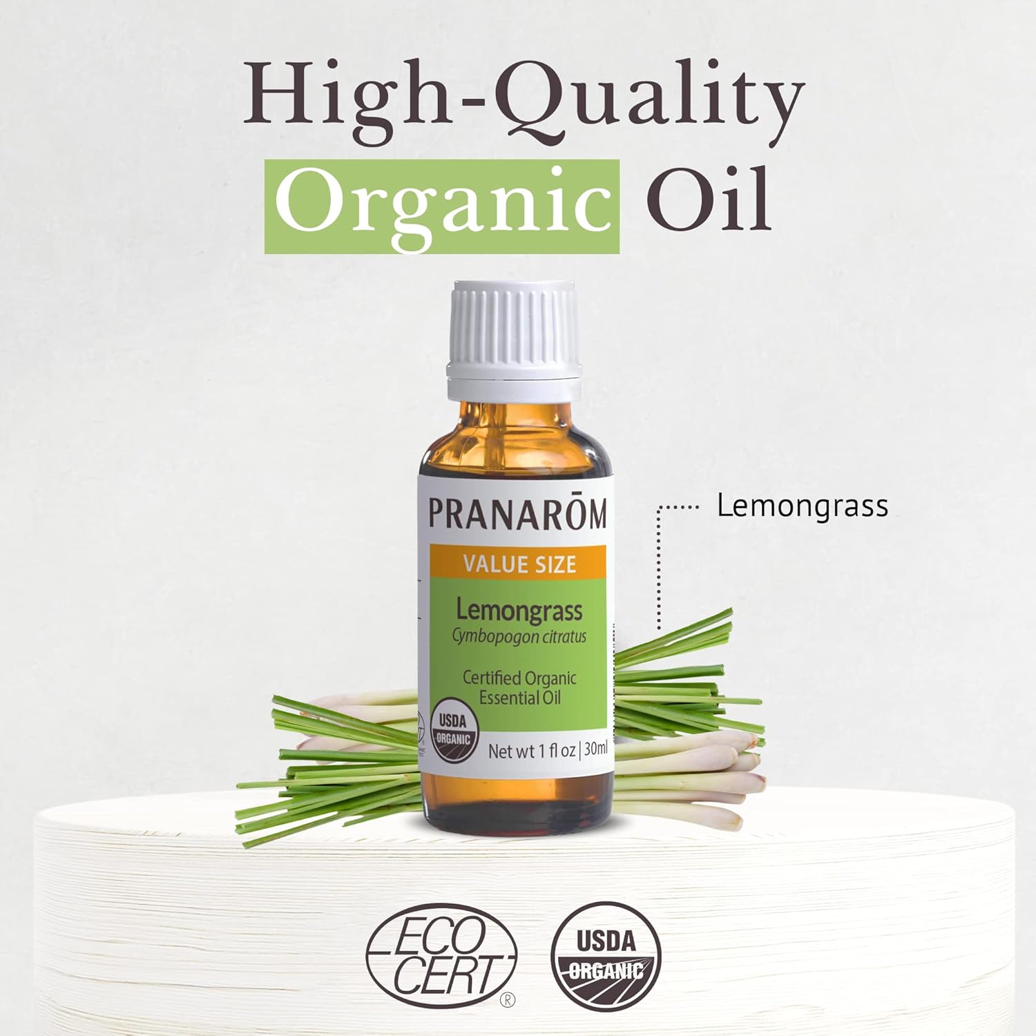 Pranarom USDA Certified Organic Lemongrass Essential Oil (30ml), 100% Pure Undiluted Therapeutic Grade from India for Aromatherapy, Diffuser, Meditation, Massage, Relaxation, Citrus - Lemon