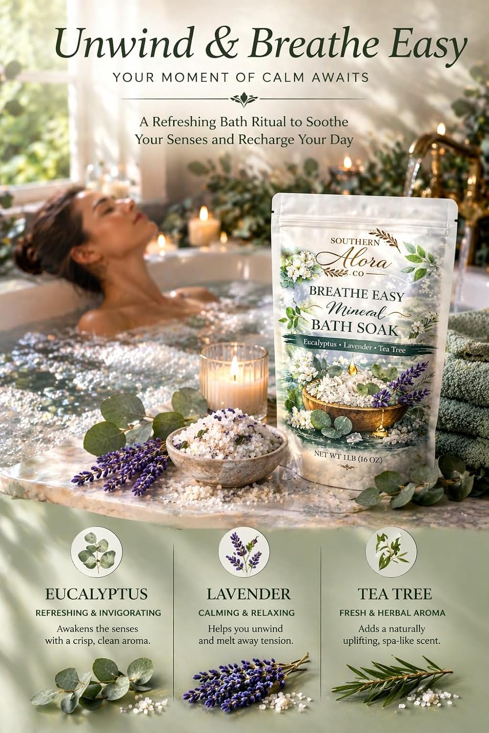 Southern Alora Bath Salts for Women Relaxing – Epsom Salt Bath Soak with Magnesium & Dead Sea Minerals, Aromatherapy Bath Soak for Stress Relief & Muscle Recovery, Breathe Easy Scent