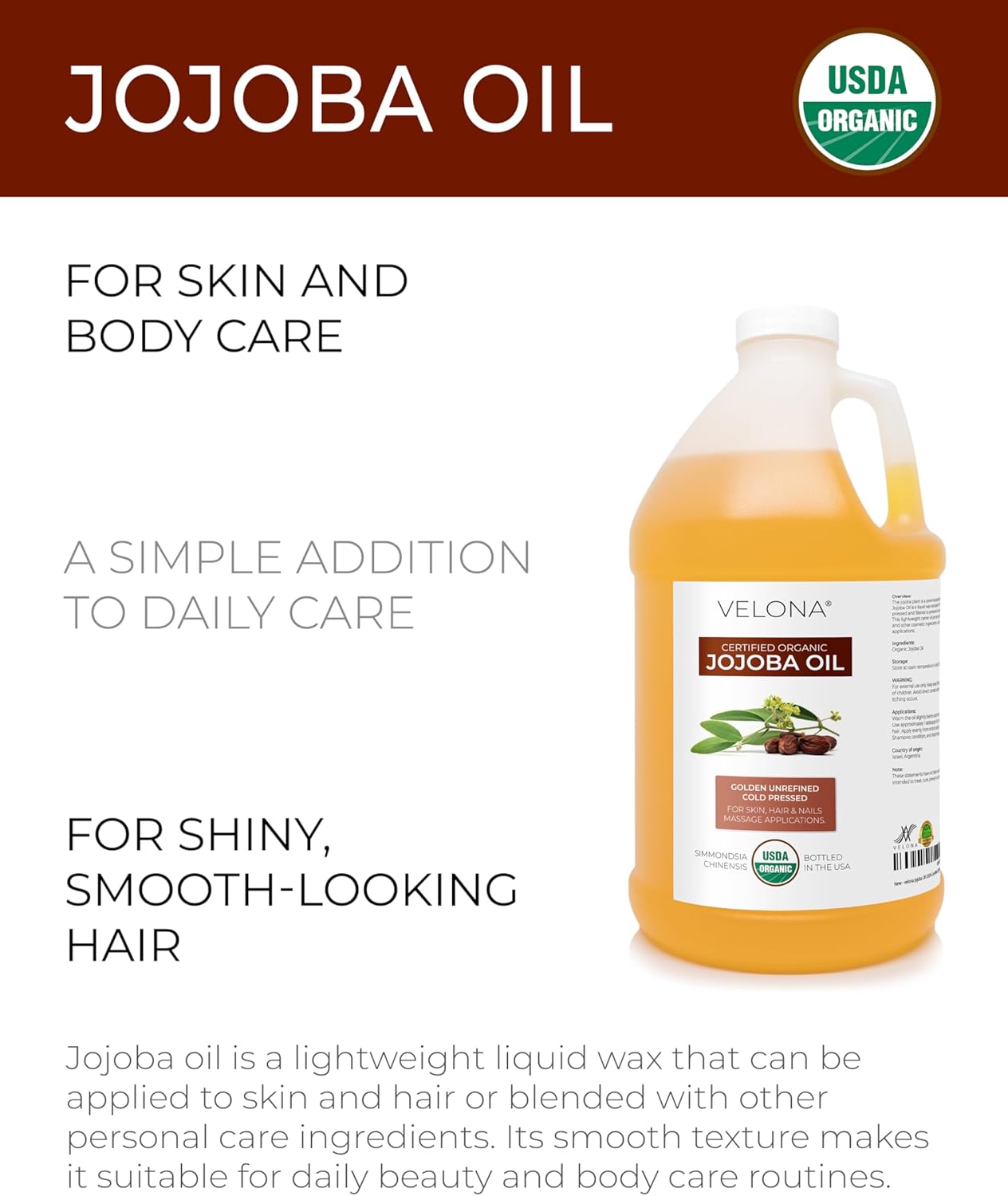velona Jojoba Oil USDA Certified Organic - 64 Fl Oz | 100% Pure and Natural Carrier Oil| Golden, Unrefined, Cold Pressed, Hexane Free