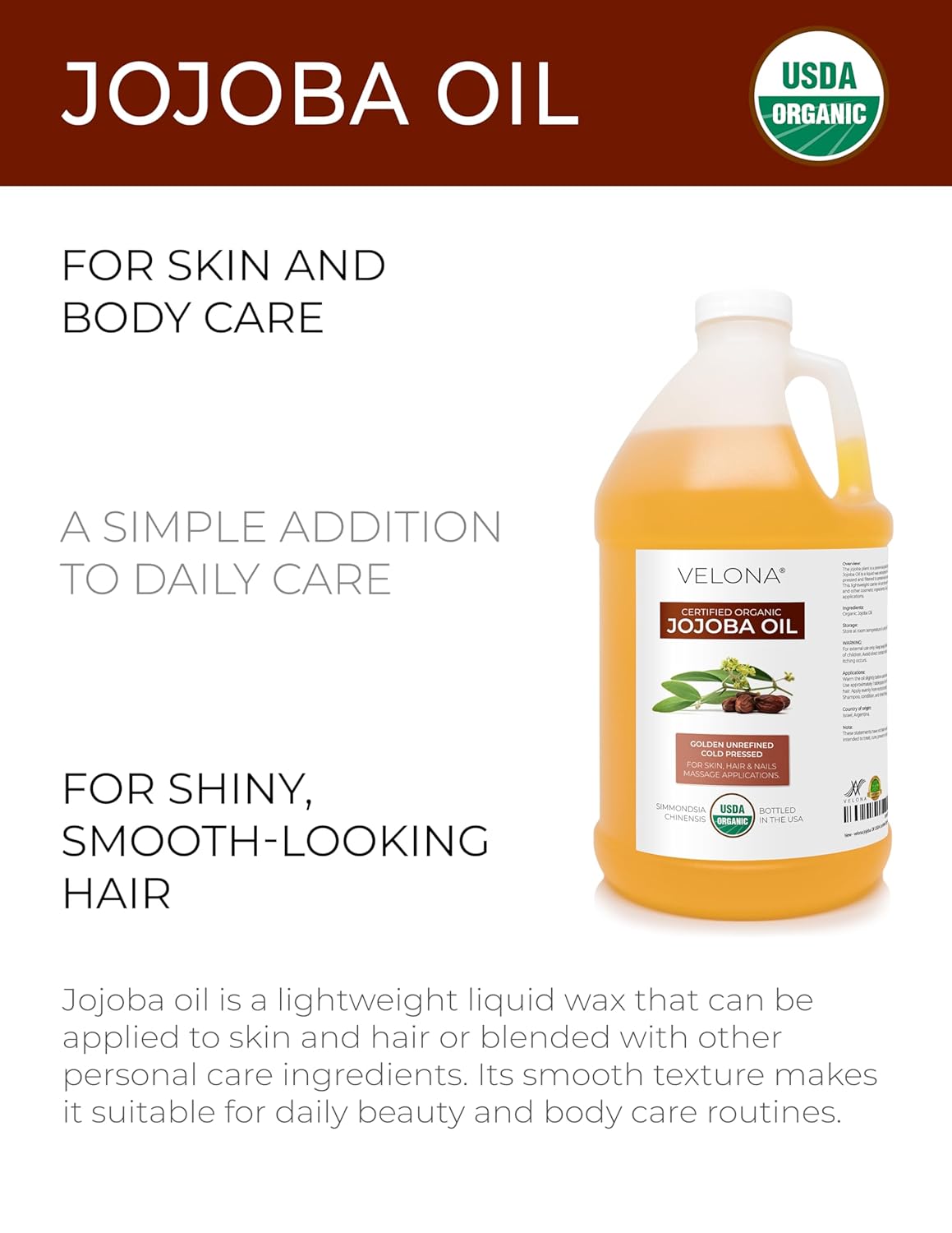 velona Jojoba Oil USDA Certified Organic - 1 Gallon / 128 Fl Oz | 100% Pure and Natural | Golden, Unrefined, Cold Pressed, Hexane Free | Moisturizing Face, Hair, Body, Skin Care