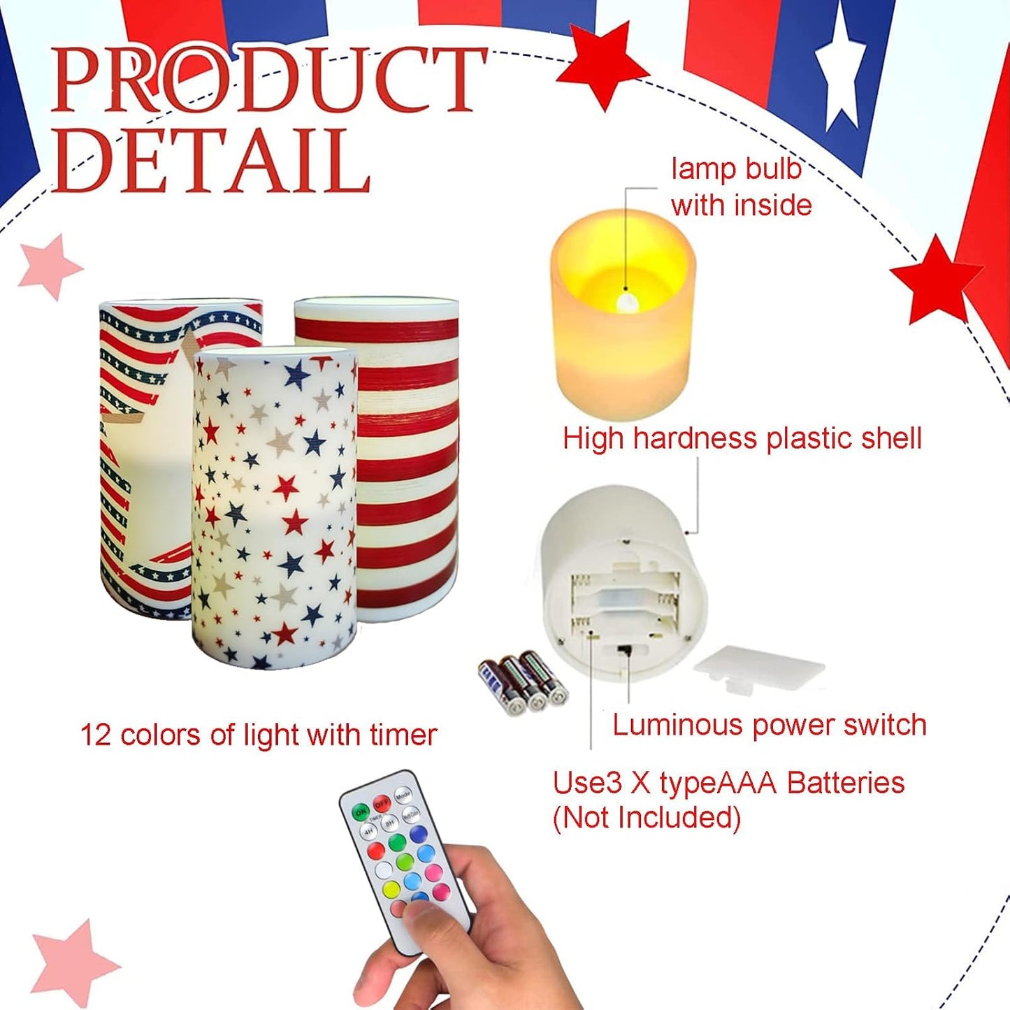 Pack of 3 Patriotc American Flag Flameless LED Pillar Candle with Remote Control Battery Operated 4th of July Candles for Home Decor Dinner Table Centerpieces(American Flag)