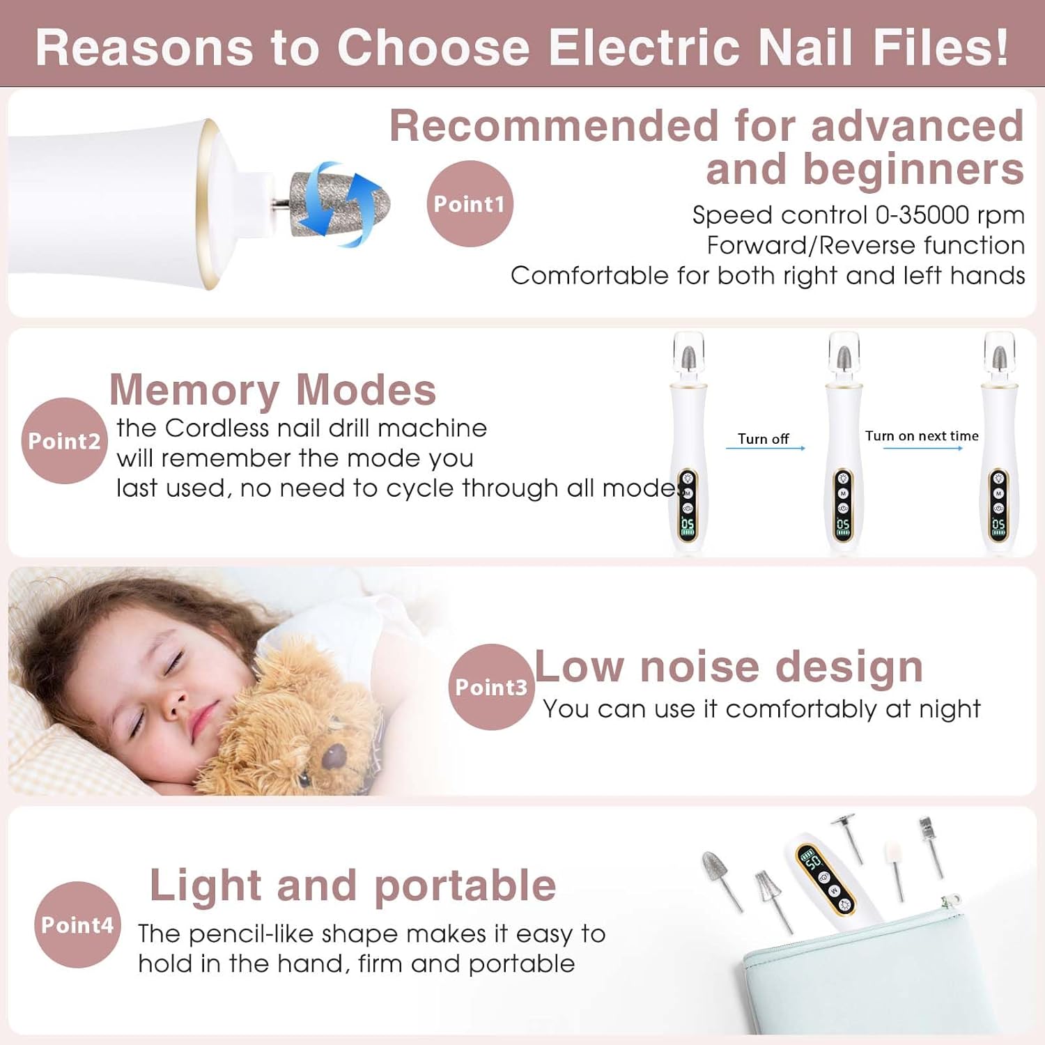 Hoxida Cordless Electric Nail Drill: 10-Speed Professional Nail File with 360° LED Light for Manicure Shaping & Gel Removal, Nail Art Practice Essentials,Home DIY & Portable Travel Use