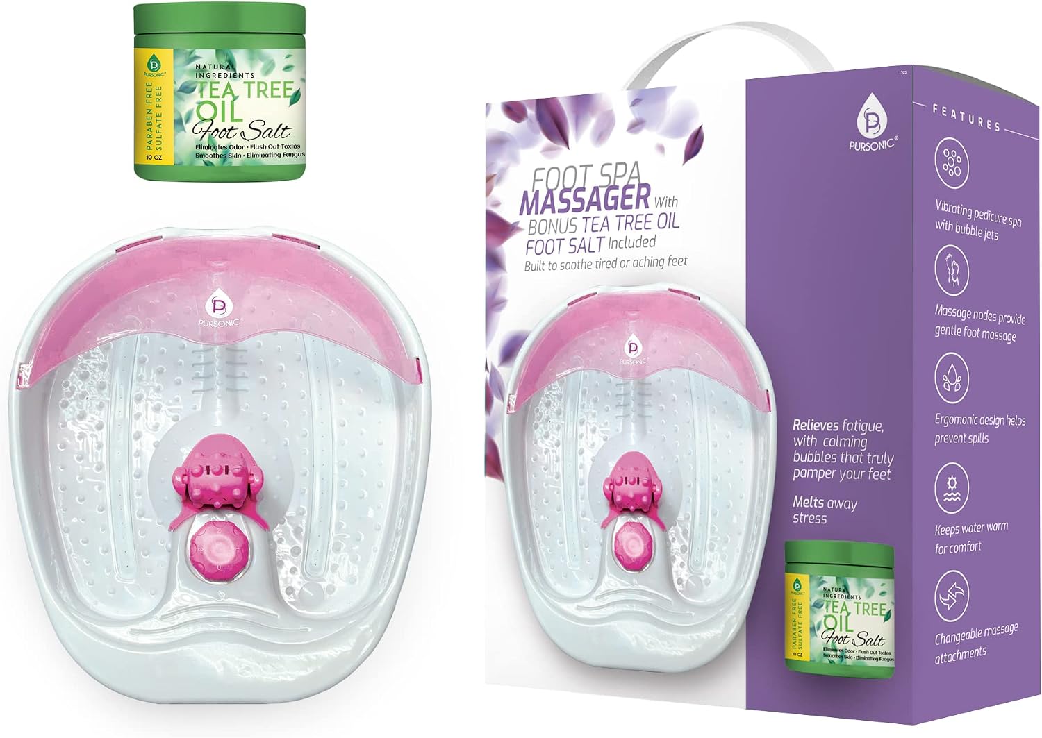 Pursonic Foot Spa Massager with Vibrating Bubbles & Tea Tree Oil Foot Salt Scrub with Epsom Salt 10oz Gift Set, Melts Away Stress and Revitalizes Tired Feet,Pink