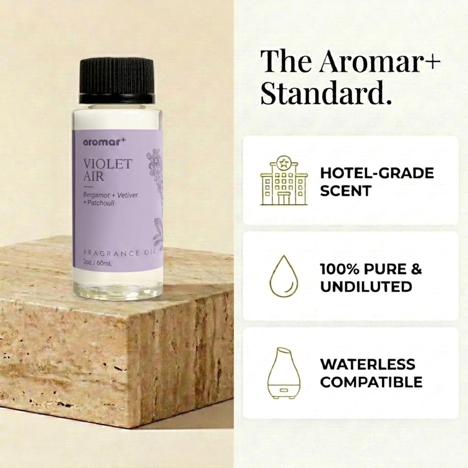 Aromar+ Fragrance Oil – Violet Air – Luxury Hotel Scent Experience with Lavender, Rosemary & Sandalwood – for Waterless Diffusers – Long-Lasting Home Aroma – 2oz/60mL