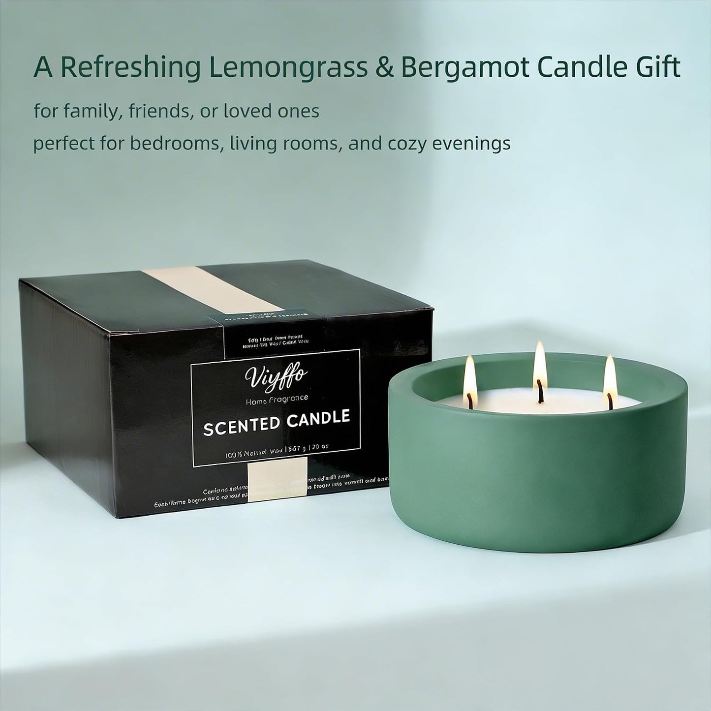 Viyffo 20oz Large Scented Candle - Lemongrass & Bergamot, 3 Wick Home Scented Candle for Women and Men, Non Toxic Soy Candle, Green Ceramic Jar, Luxury Home Fragrance, Spring Décor & Birthday Gift