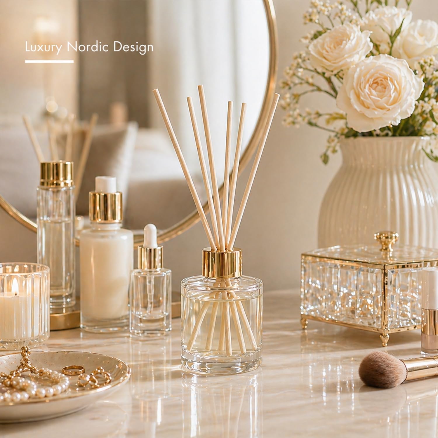 50ml Clear Glass Reed Diffuser Bottles Set of 4 Empty Aromatherapy Bottles with Gold Cap, Round Essential Oil Diffuser Container for Home Fragrance, DIY Scent, Bathroom, Office Decor