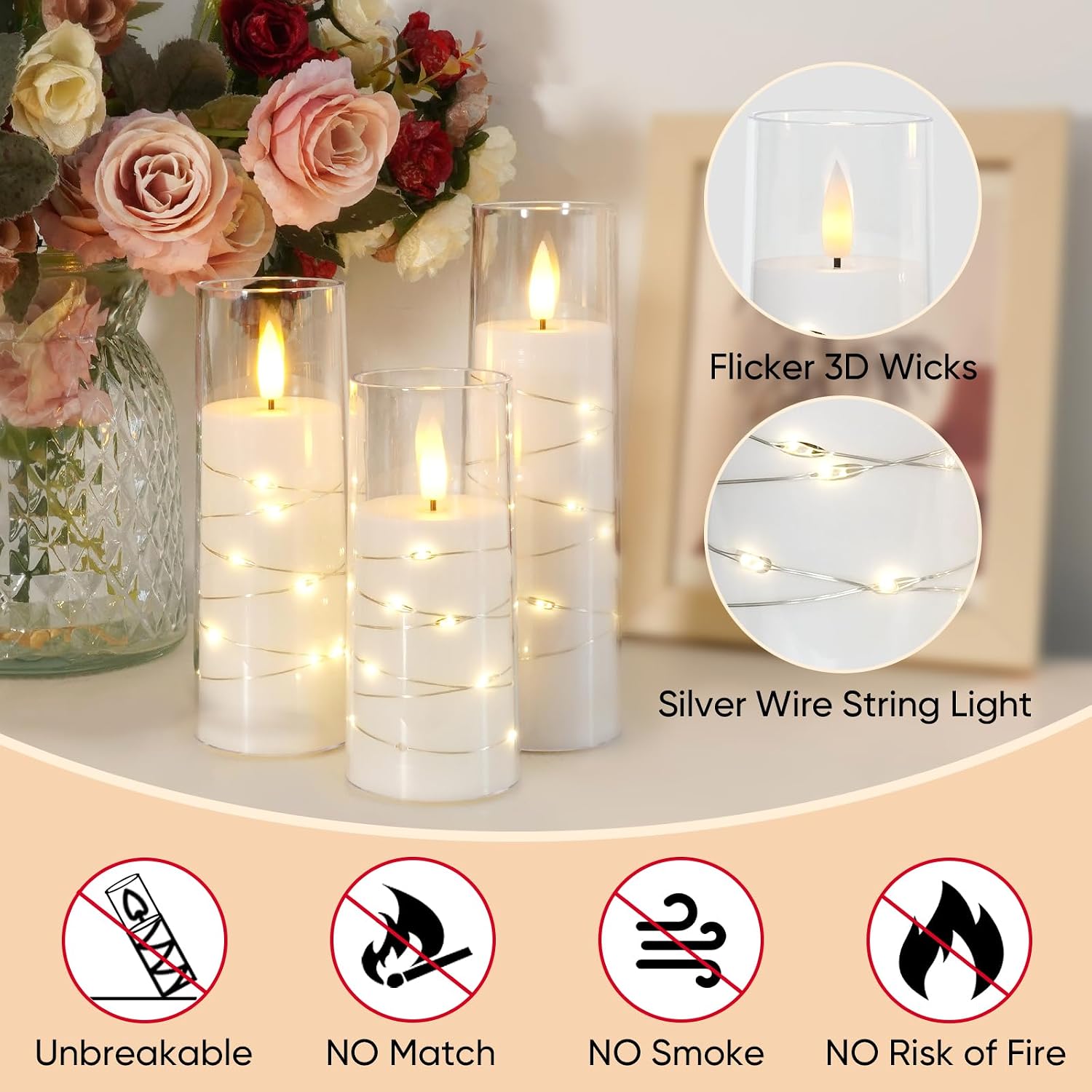 Raycare Flameless Candle with Remote Timer – 9 Flickering Acrylic Battery Operated LED Pillar Candles with Embedded Star String for Christmas, Wedding, Home Table Decor, and as a Gift (White)