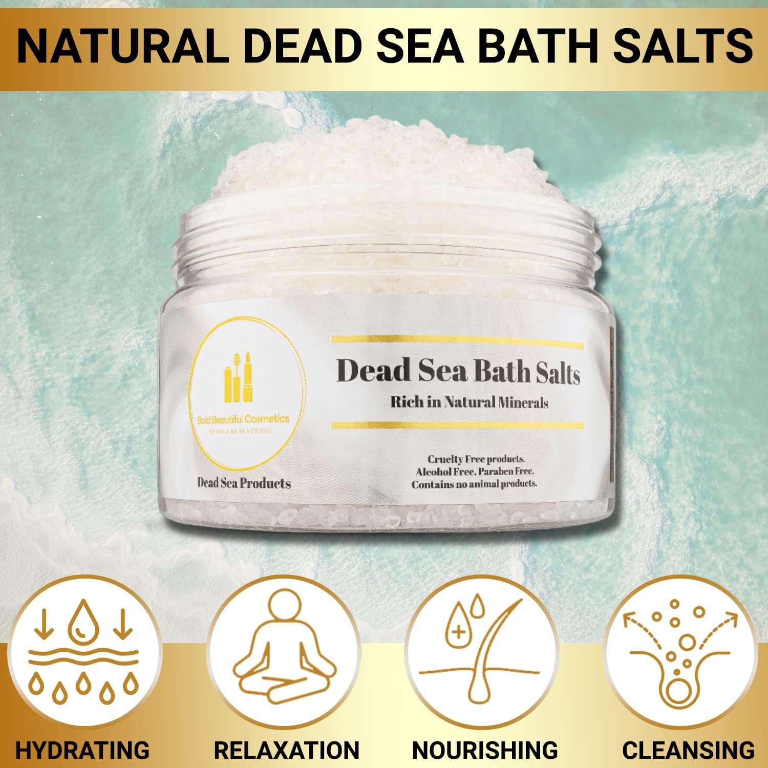 Dead Sea Bath Salt and Feet Soaking by Bold Beautiful Cosmetics Natural Skin Rejuvenation, Cleansing, Muscle Relaxation and Exfoliating Bath Salt Mineral-Rich Formula - 8.8 Oz