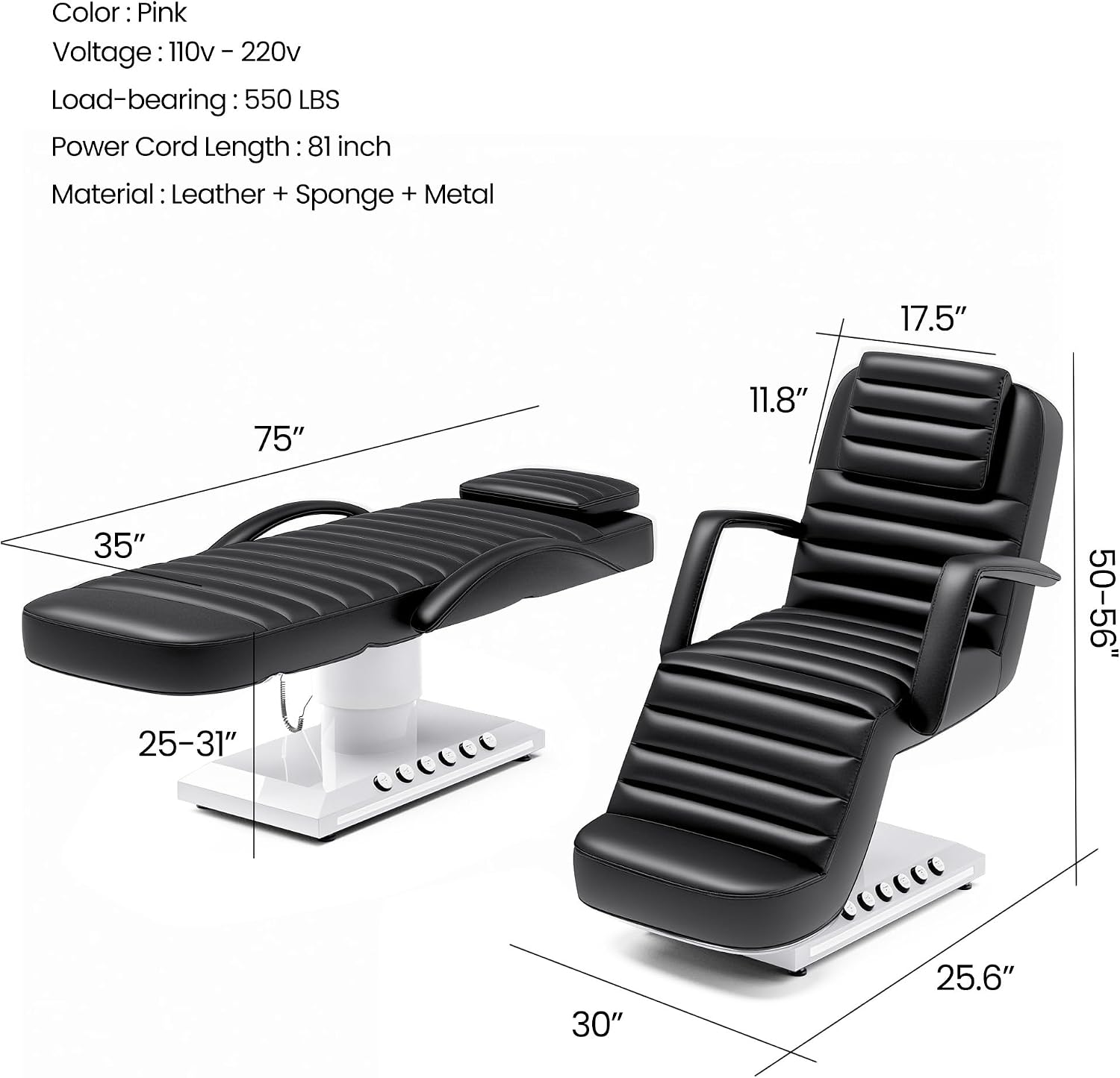 Electric Massage Table with LED Light, Adjustable Facial Bed with Foot Control for Spa, Tattoo, Waxing, and Eyelash Extension, Removable Headrest and Armrest, 90° Back & Leg Adjustment (Black)