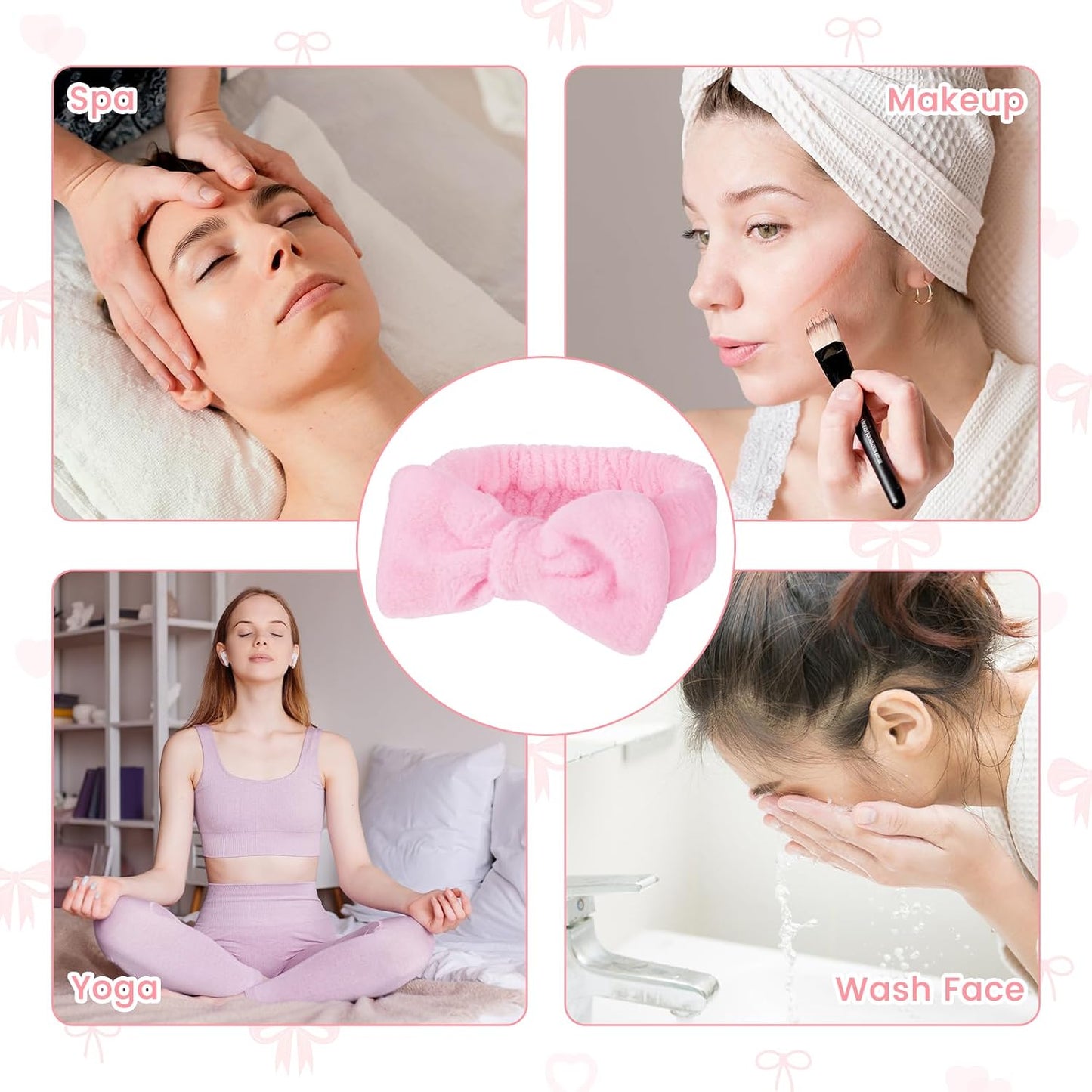 12Pcs Pink Spa Headband Soft Coral Fleece, Makeup Headband Spa Headbands for Washing Face Pink Bow Skincare Headbands Elastic Party Favors, Washable for Makeup, Skincare Washing Face