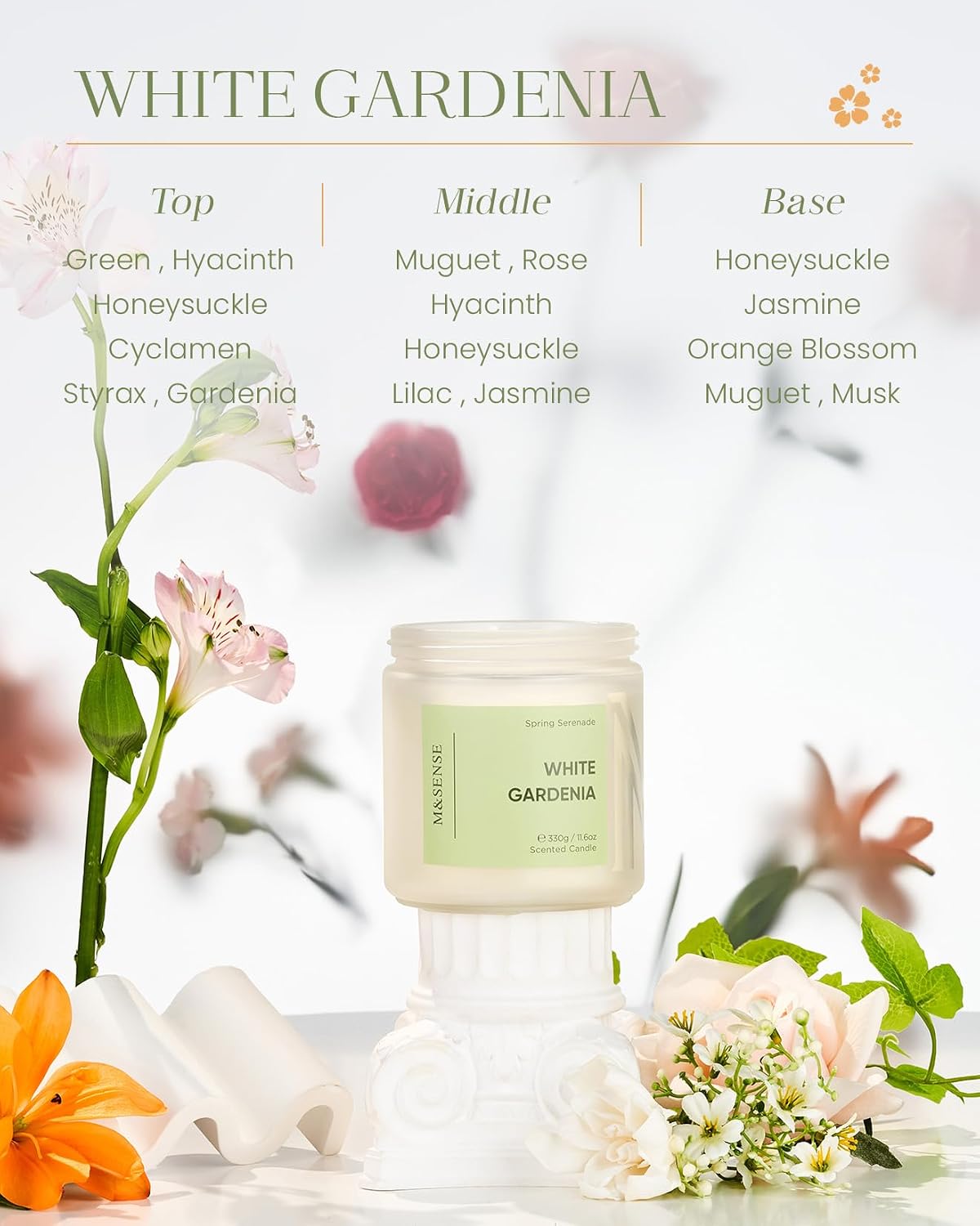 M&SENSE White Gardenia Scented Candle, 11.6oz Natural Soy Wax Non Toxic, 70-Hour Long Lasting Burn Time, 2-Wick Aromatherapy Gifts for Her, Spring Home Refresh & Romance