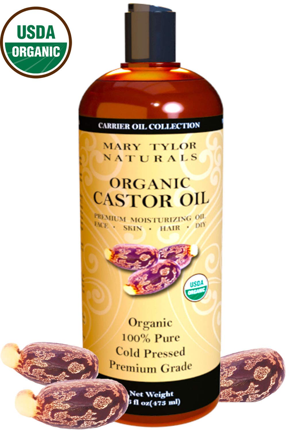 Organic Castor Oil 16 oz — USDA Certified by Mary Tylor Naturals — Cold Pressed, Hexane Free, 100% Pure and Natural