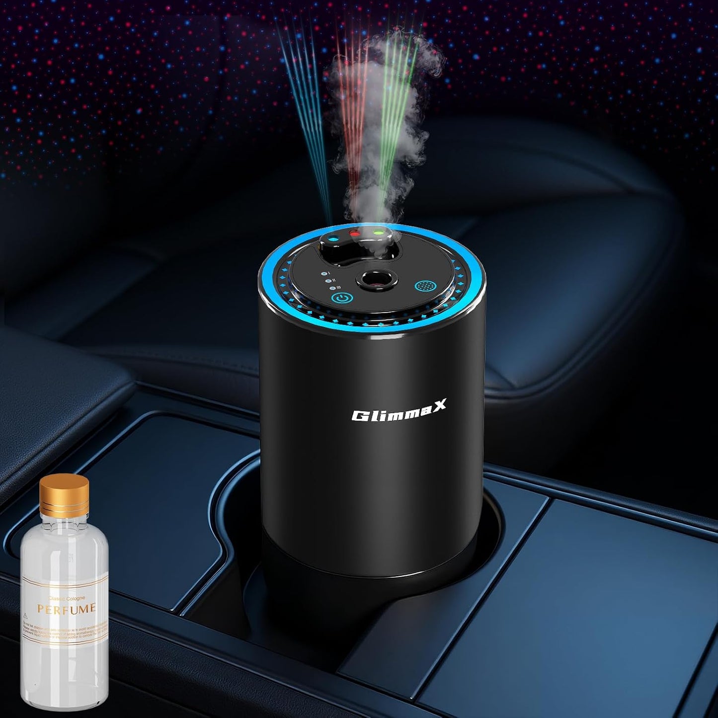 Smart Car Air Freshener Diffuser with Starry Sky Projection and 50ml Perfume, Auto On/Off Intelligent, 3 Adjustable Spray Modes Rechargeable Car Aroma Diffuser, Cologne