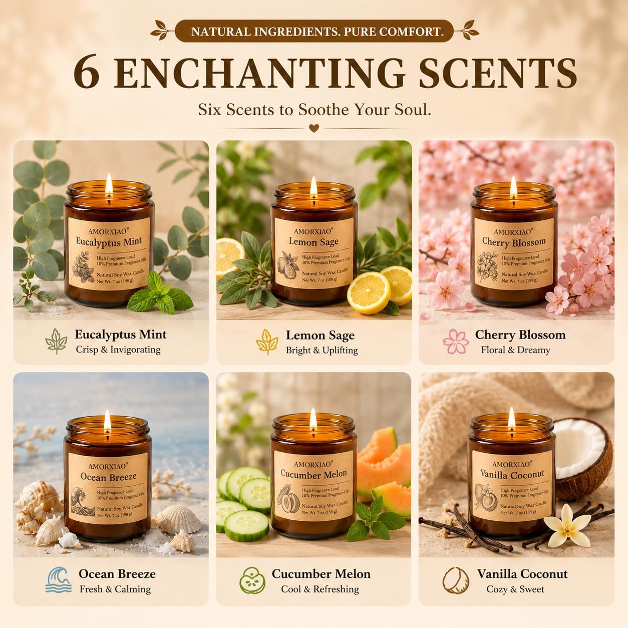 6 Pack Scented Candles for Home Scented: Soy Candles for Women Men, 42oz 300H Burning Aromatherapy Candle Set, Jar Candle Gift Set for Birthday, Scents of Eucalyptus/Sage/Cherry/Ocean/Melon/Vanilla
