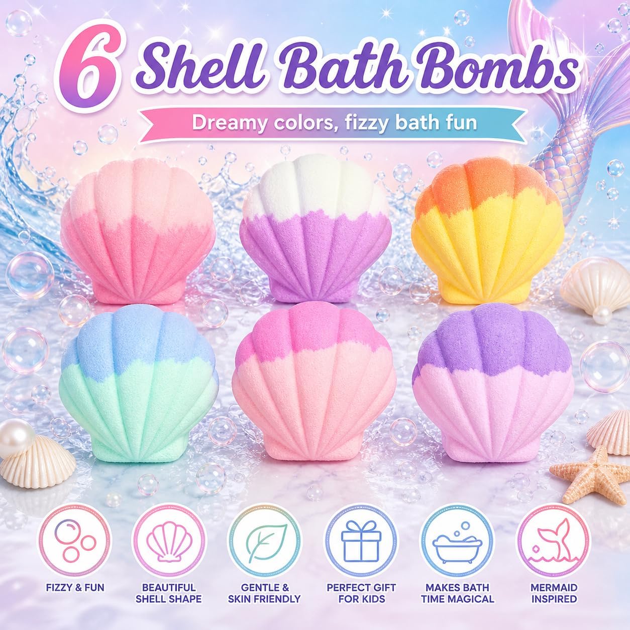 Shell Bath Bombs for Kids Girls with Surprise Inside, 6 PCS Bath Bombs Gift Set with Toys, Colorful Fizzy Bath Bomb for Girls Ages 3+, Kids Bath Bombs for Toddler Girl Christmas Birthday Gifts