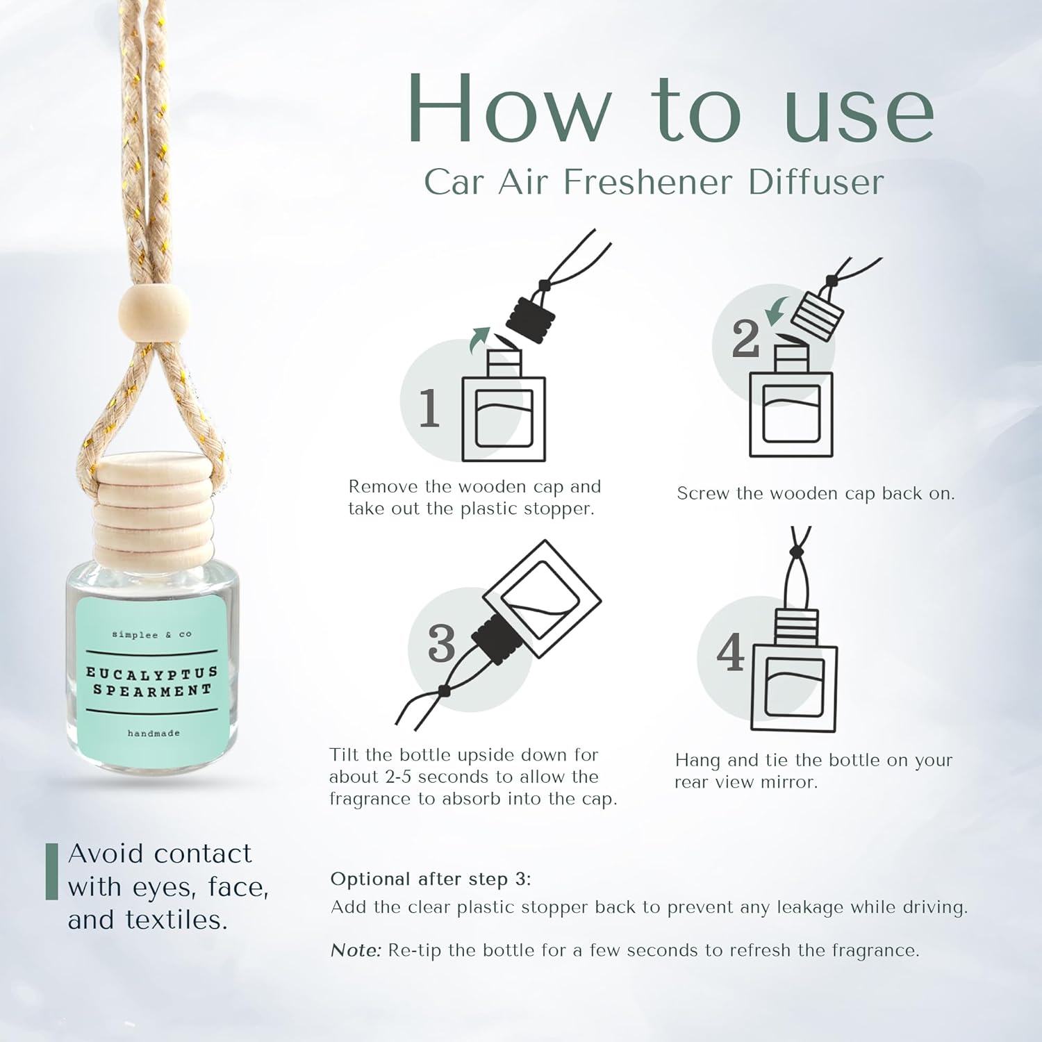 Eucalyptus & Spearmint Air Freshener Hanging, Long Lasting Essential Oil Diffuser for Car, 2 Pack Fragrance, Reusable Glass Bottle Car Freshener, Made in USA Simplee & Co