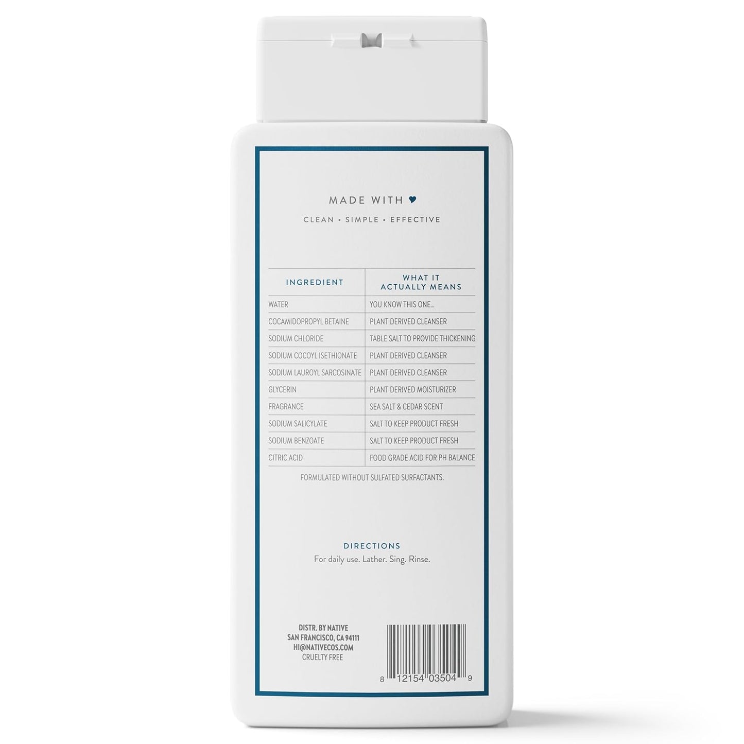 Native Sea Salt & Cedar Scent 24-Hr Refreshing Clean Body Wash for Men & Women, for All Skin Types Incl. Sensitive, Leaves Skin Feeling Clean & Soft, Free of Phthalates, Sulfates & Parabens, 18 oz