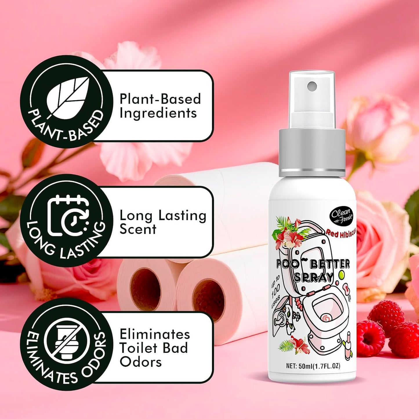 Clean-n-Fresh Toilet Spray, 8.5 Fl Oz Variety Pack of 5 - Citrus, Hibiscus, Lavender, Eucalyptus, Beach Coco, Travel Essentials Bathroom Odor Elimination, Air & Toilet Freshener, Each 1.7 Fl Oz