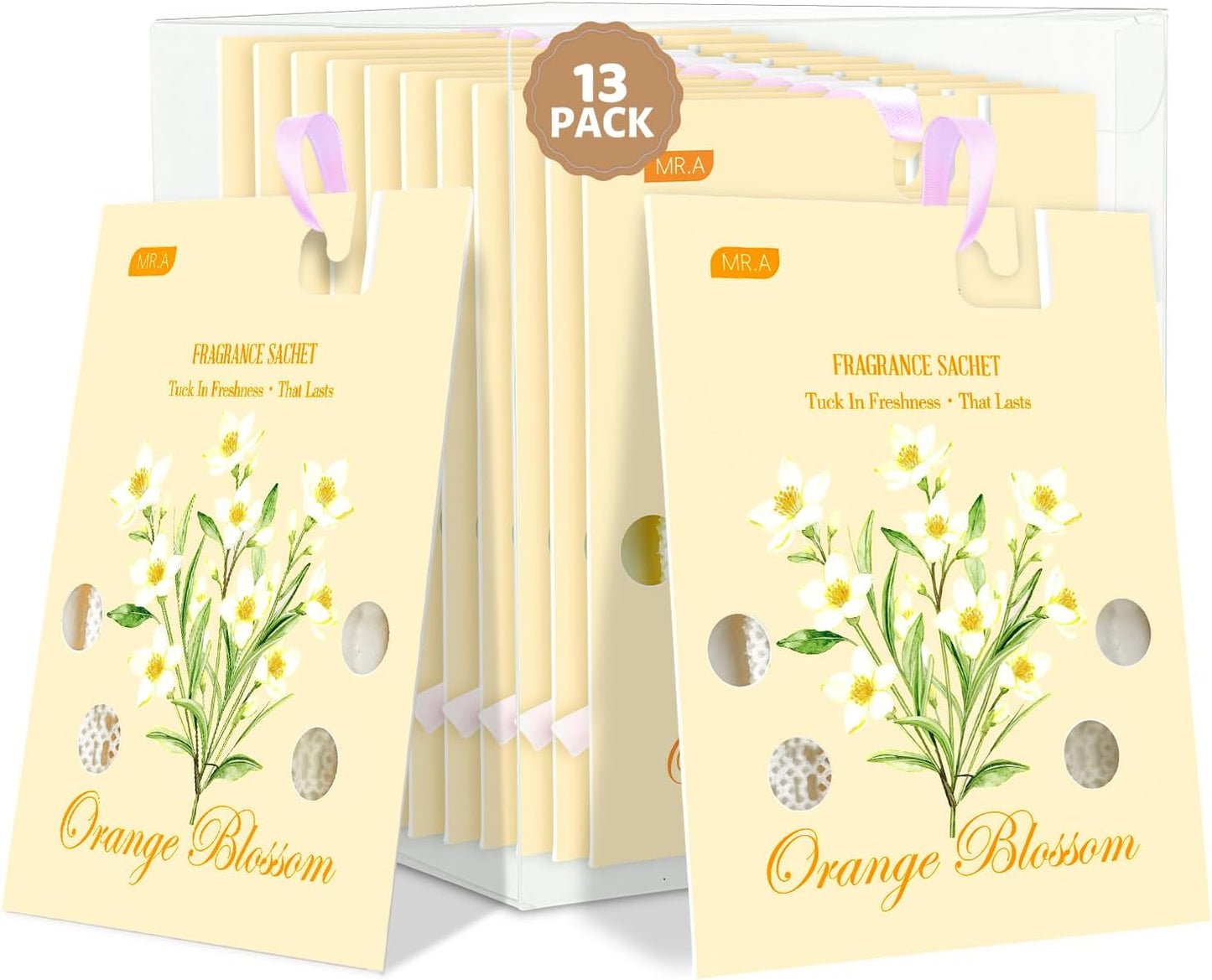 13 Packs Orange Blossom Scented Sachets for Drawer and Closet, Long-Lasting Car Air Freshener Sachet Bags, Drawer deodorizers Fresh Scents, Fragrance Bedroom Essentials