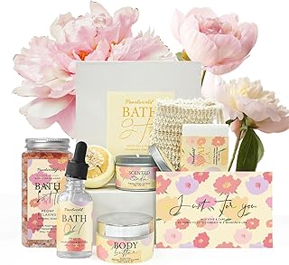 Peony Spa Gift Set for Women, Luxury 9 Pcs Bath Salts Set, Relaxation Gifts for Women, Self Care Set, Clean Moisturizing Skin, Gifts for Mom, Wife, Sister, Friend