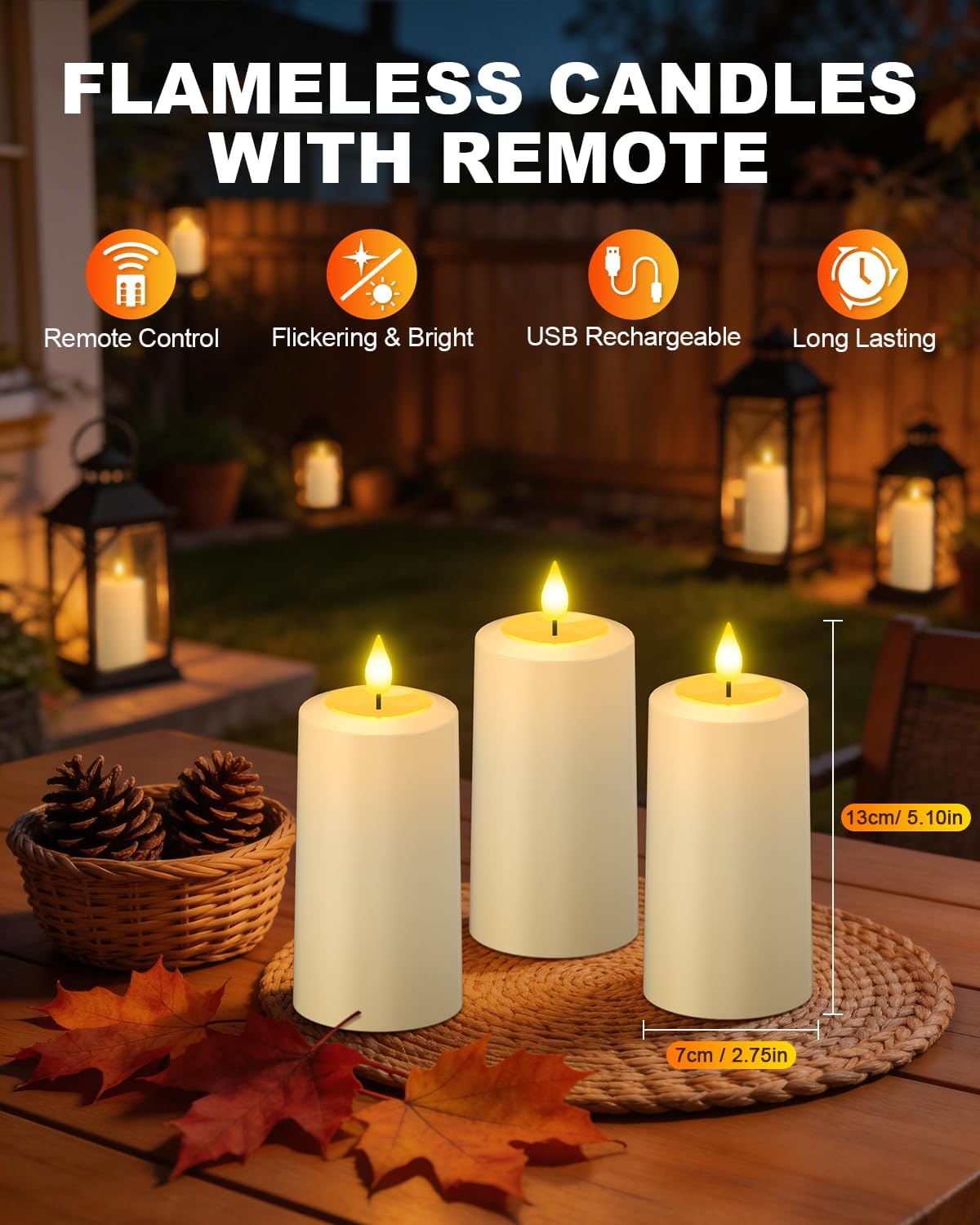 SoulBay Flameless LED Candles, 4-Pack USB Rechargeable, Flickering Waterproof White Pillar Candles with Remote Control Timer for Outdoor Lantern Patio Yard Indoor Holiday Decor, 2.75 x 5.1 Inches