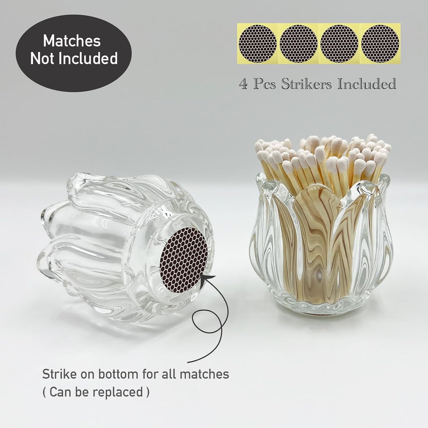 Match Holder with Striker x 4 Cute Glass Match Box Lily Flower Shape Match Jar for Candles Fireplace Kitchen Home Bathroom Decor - Matches Not Included