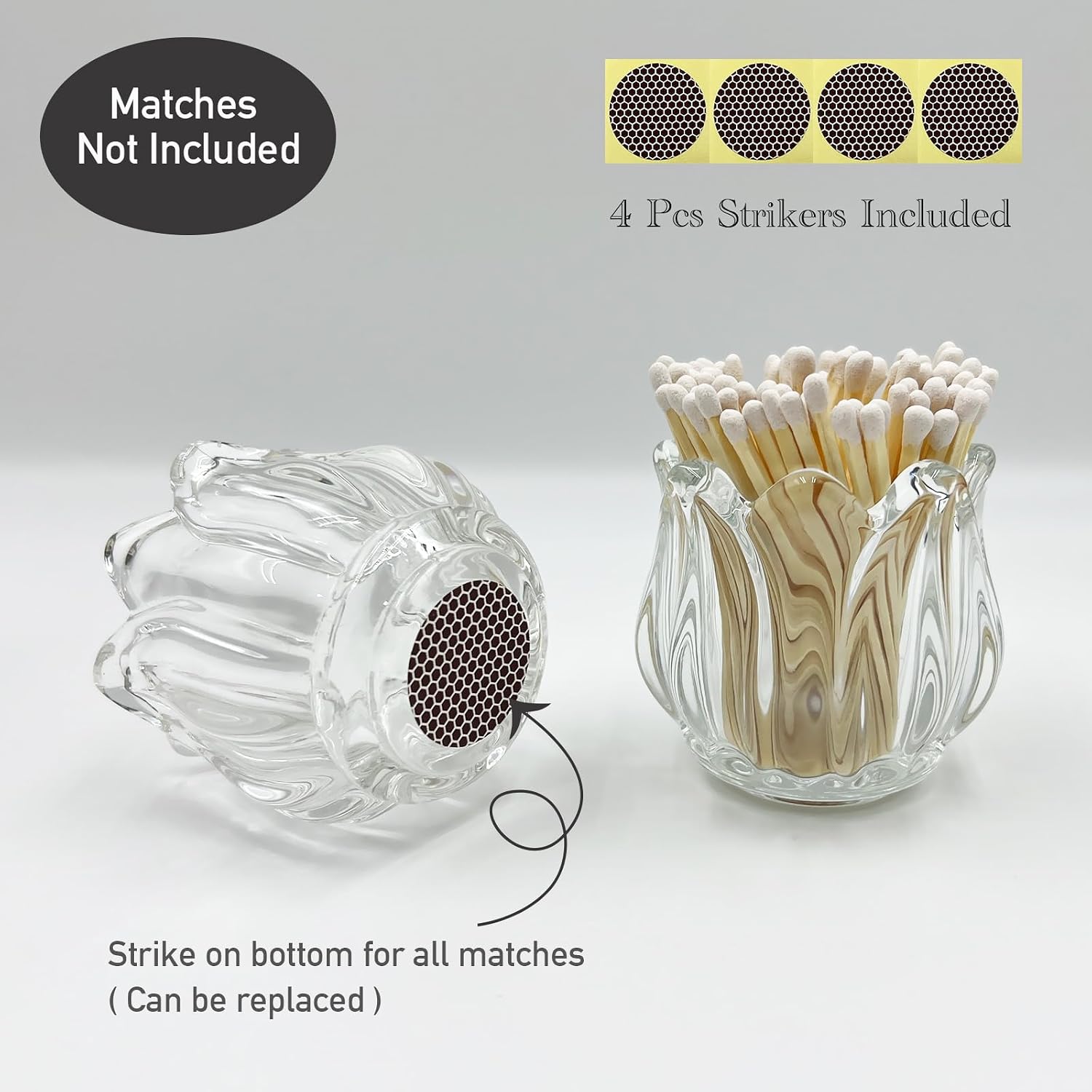 Match Holder with Striker x 4 Cute Glass Match Box Lily Flower Shape Match Jar for Candles Fireplace Kitchen Home Bathroom Decor - Matches Not Included