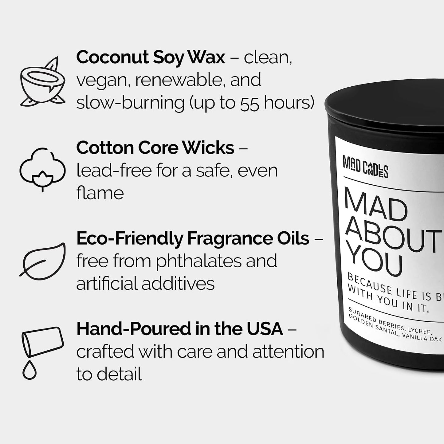 – Mad About You | Luxury Scented Candle for Bedroom & Living Room Décor | 9.5oz Coconut Soy Wax | Non Toxic | Long Burn Candle Jar for Home Fragrance & Valentine's Day Gift