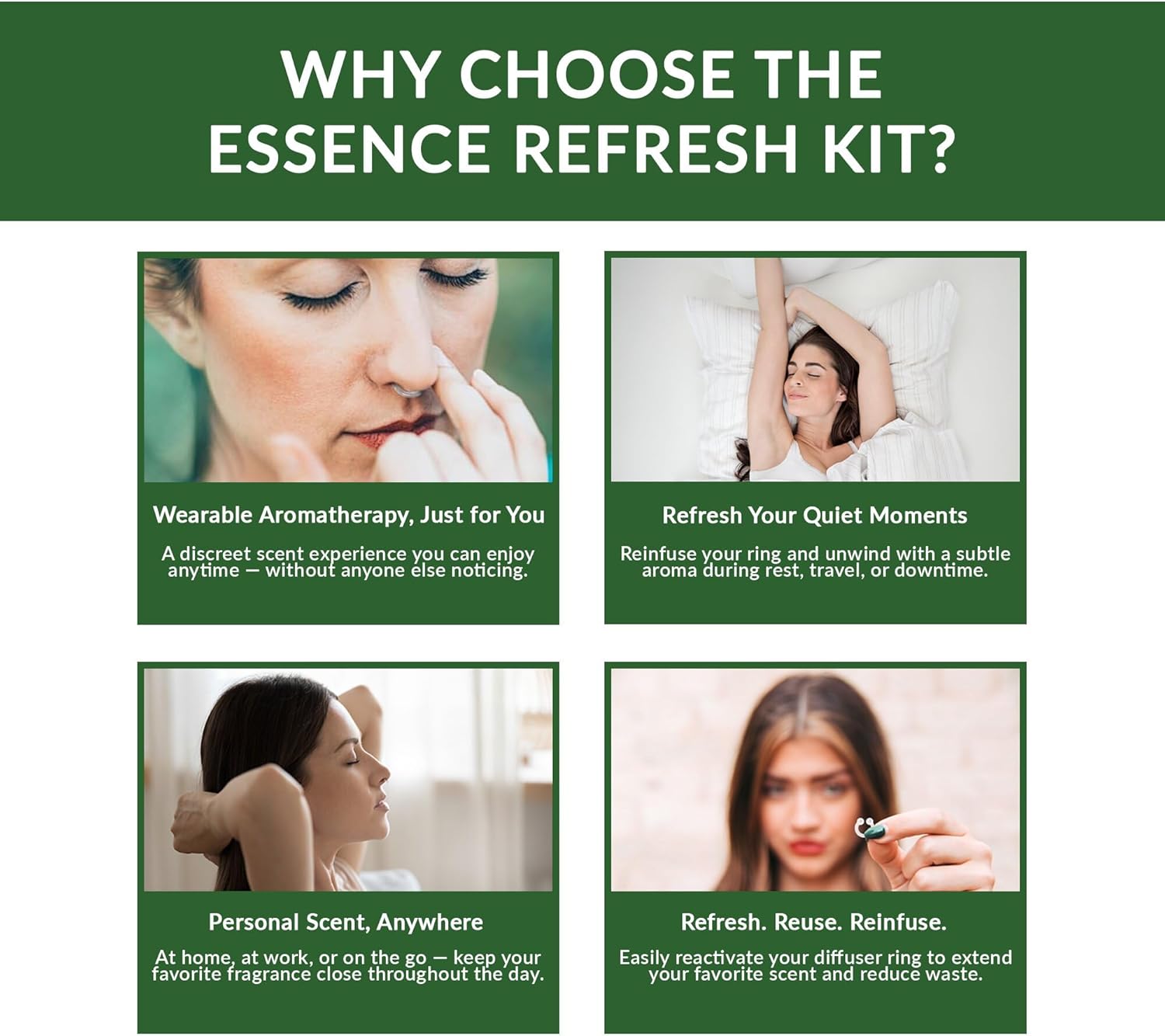 Essence Refresh Kit | Solid Scents Essential Oils | Aromatherapy Nasal Diffuser | Personal Scent Clip for Travel, Work & Everyday Use | Made in USA | Eucalyptus | Bamboo/Glass Pod