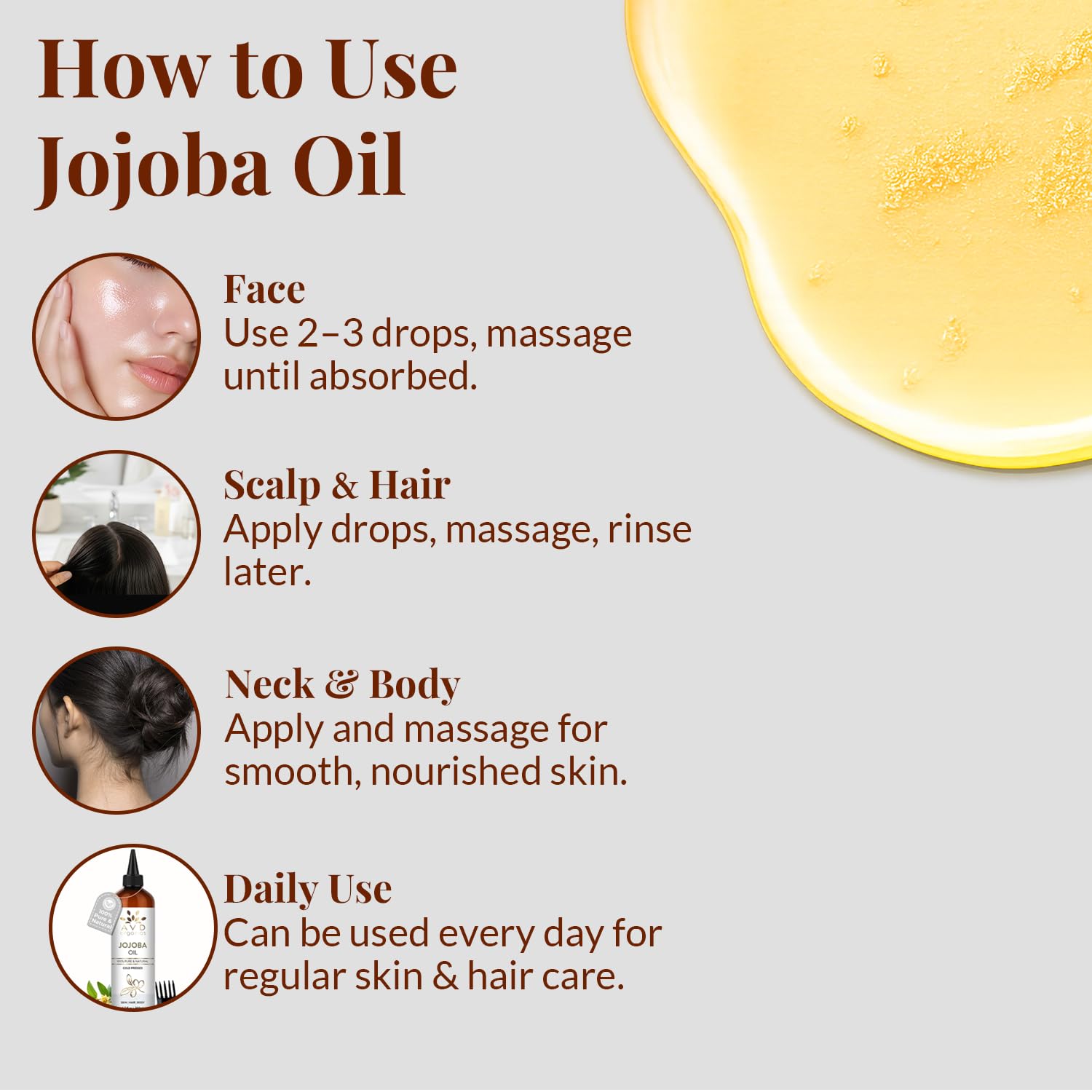 AVD ORGANICS Jojoba Oil for Skin | 100% Pure (6.7 fl oz) Cold Pressed Unrefined Hexane Free | Moisturizing for Face, Hair, Skin & Nails | 200ML