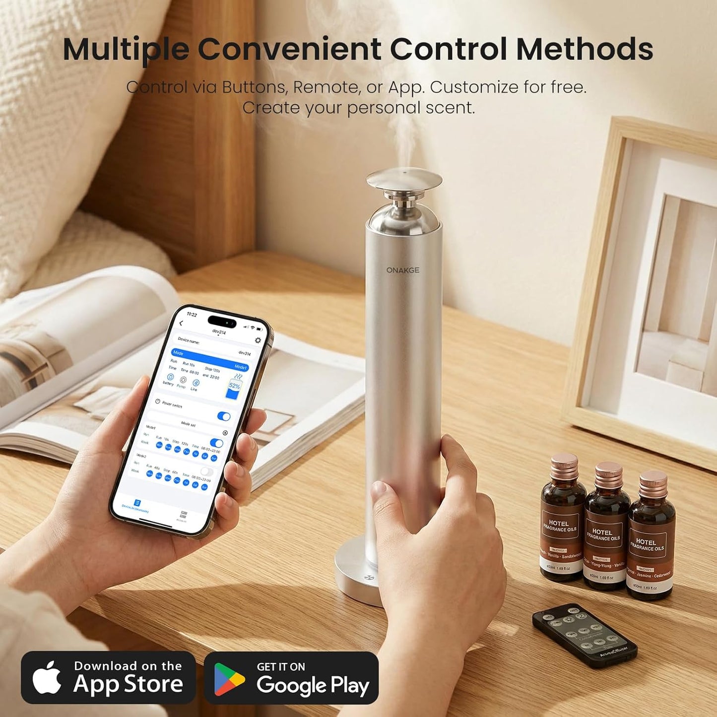 Waterless Aroma Diffuser, 8000mAh Battery Scent Air Machine for Large Room up to 1500 Sq Ft, Cold Air Diffusion Essential Oil Diffuser with App & Remote Control, Quiet Design for Home, Office, Hotel
