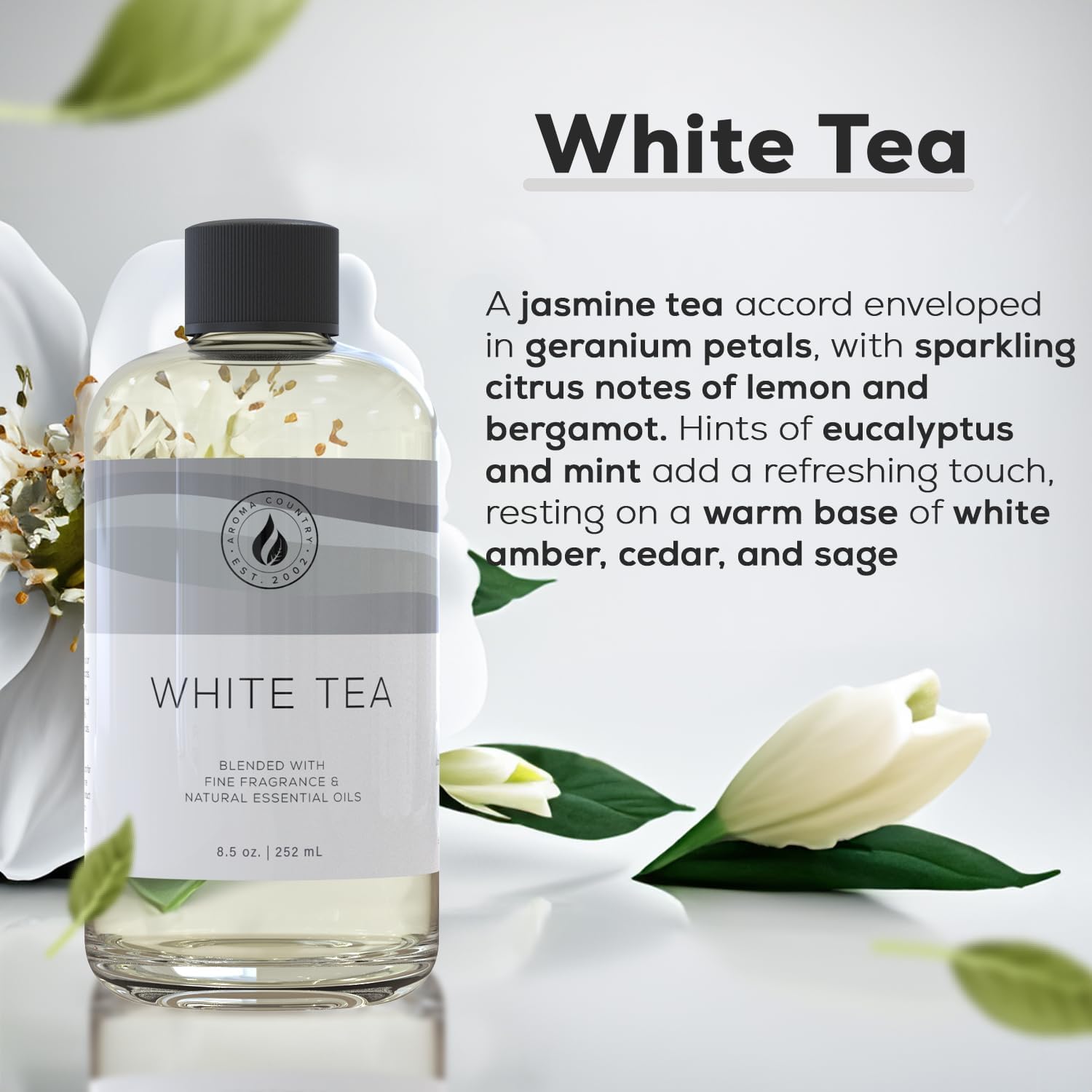 Aroma Country White Tea Diffuser Oil - Luxury Essential Oils for Diffuser Refill & Air Freshener Room Spray, Long-Lasting, Natural Fragrance and Hotel Scent for Diffusers & Machines (8.5 Fl Oz)